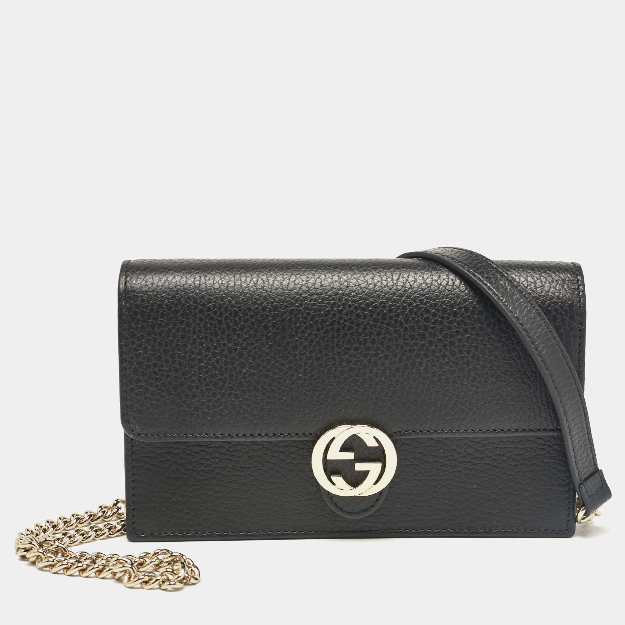 Pre Owned Gucci Black Leather Interlocking G Wallet On Chain