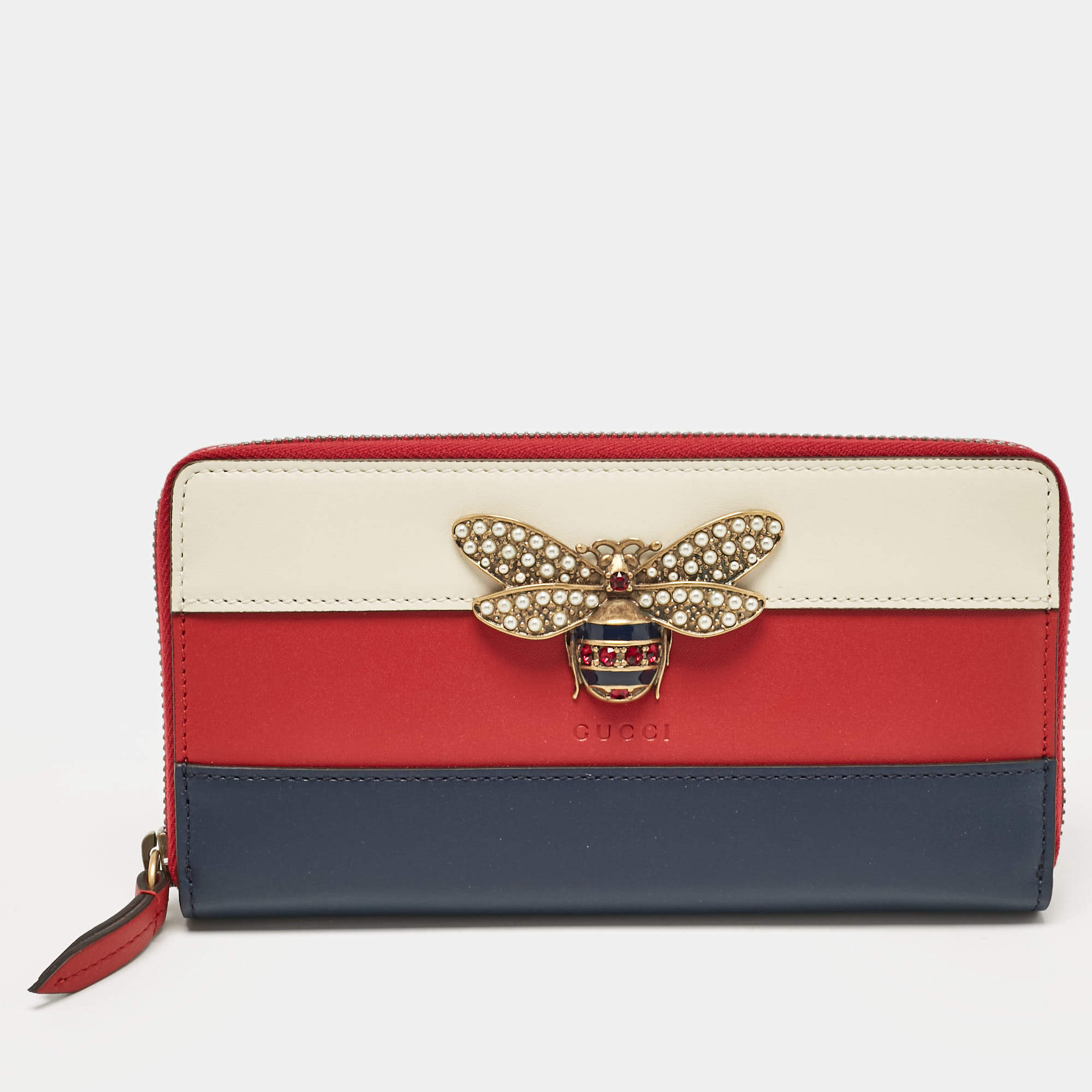 Gucci Tricolor Web Leather Queen Margaret Bee Continental Wallet