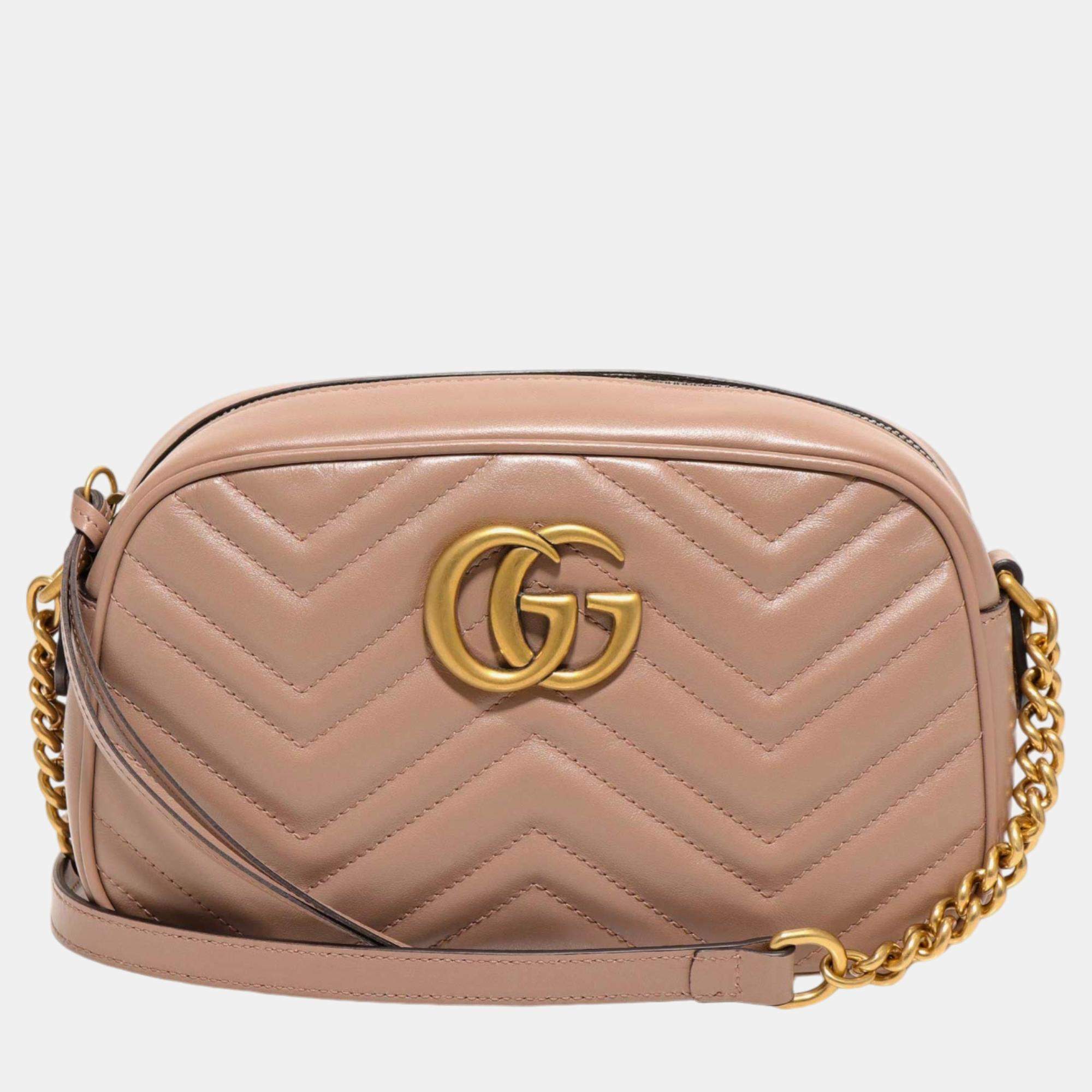 Pre Owned Gucci Pink Leather GG Marmont Shoulder Bag