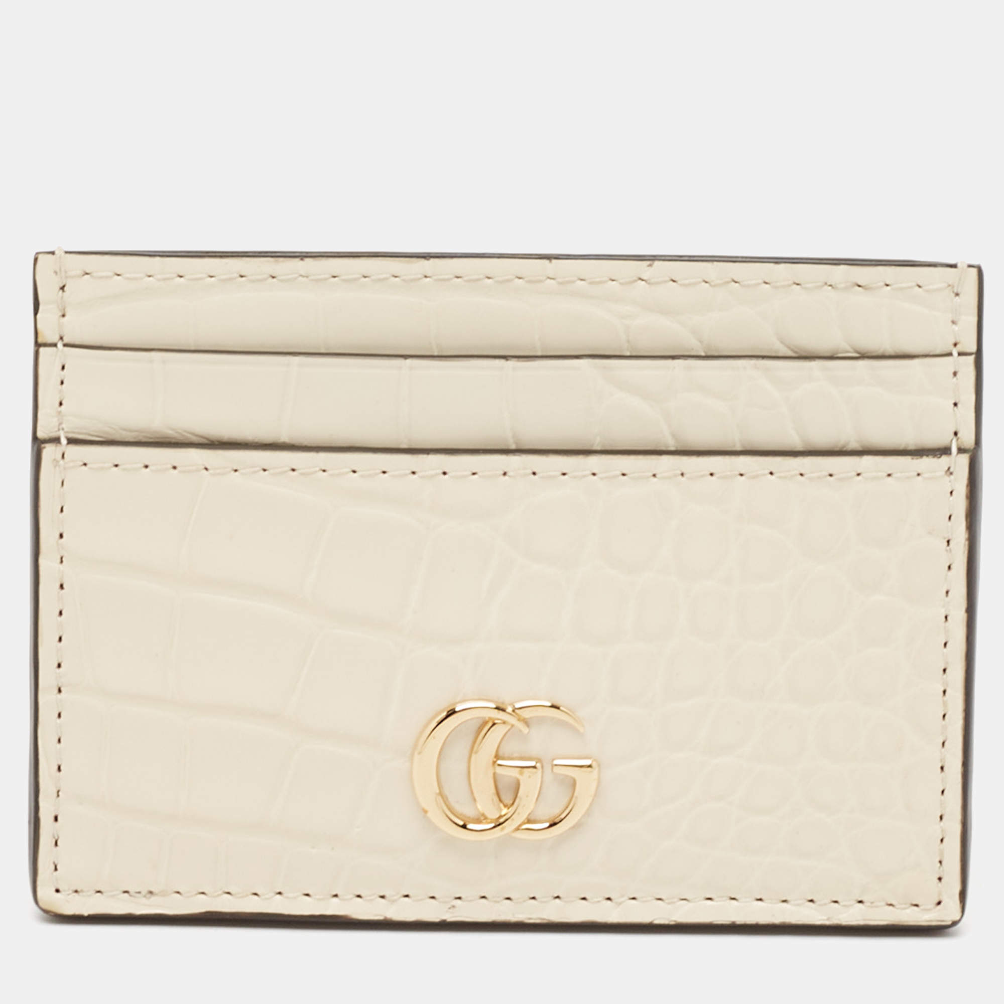 Pre Owned Gucci Cream Alligator GG Marmont Card Holder