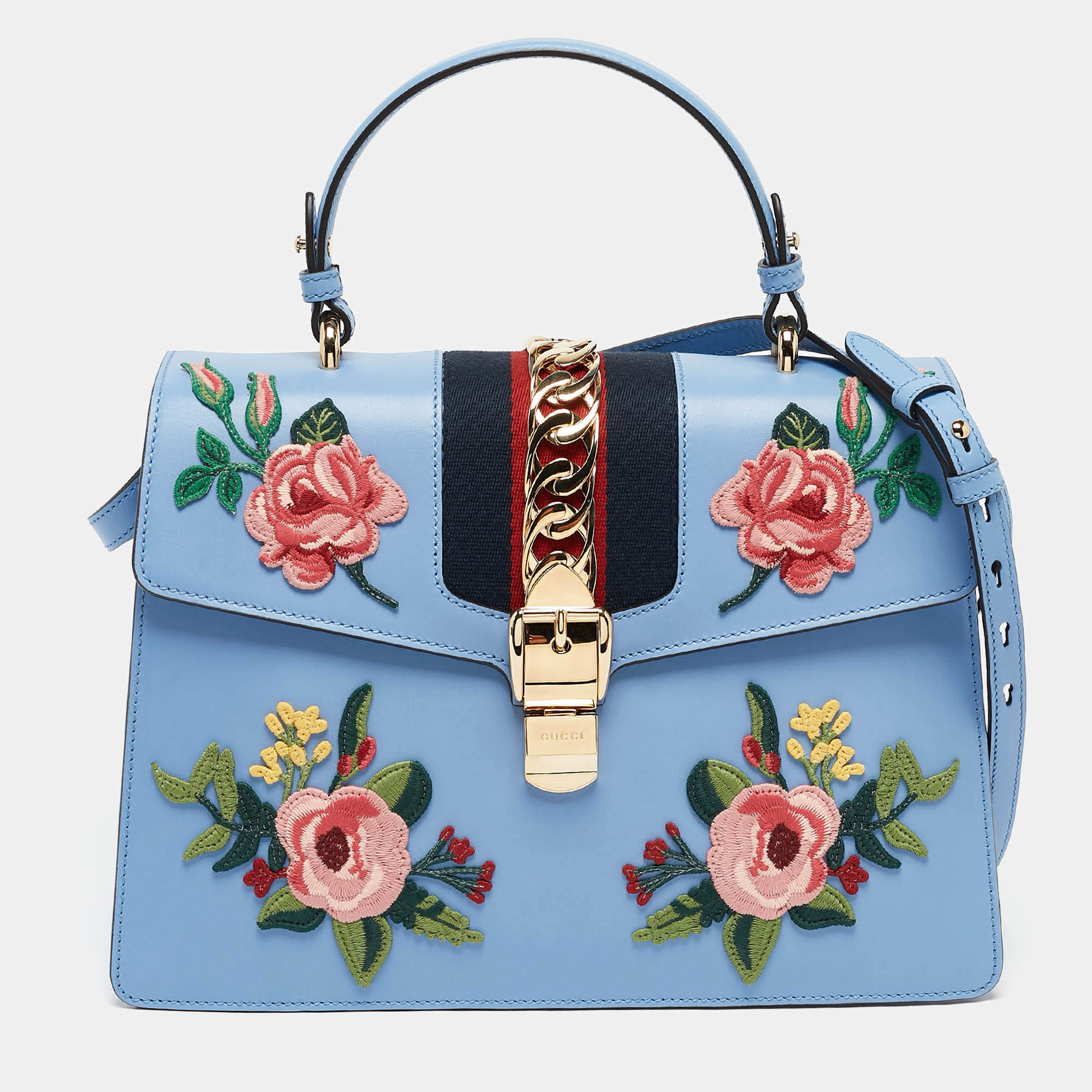 Pre Owned Gucci Blue Leather Floral Embroidered Medium Sylvie Top Handle Bag