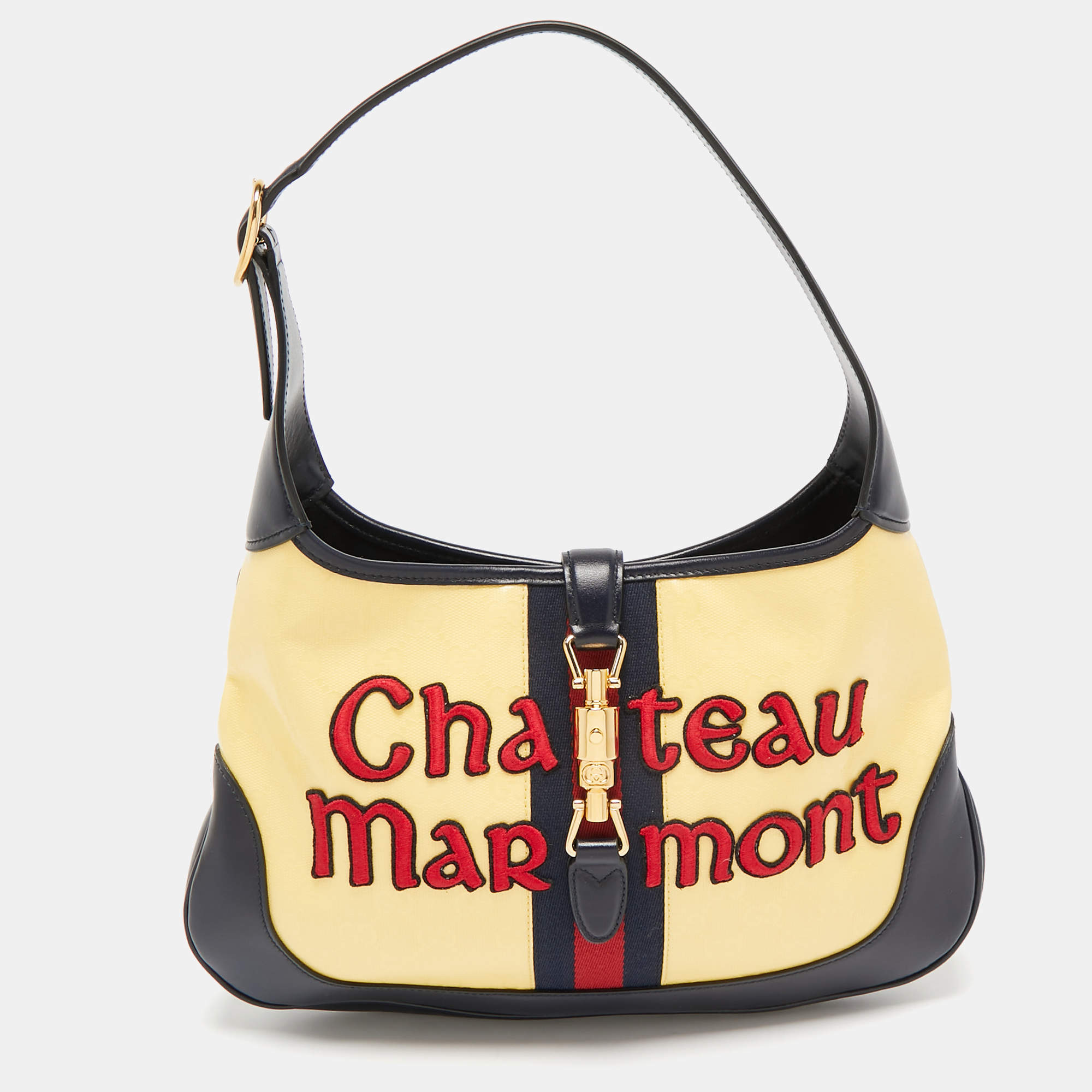 Pre Owned Gucci Yellow/Blue Gg Crystals Canvas and Leather Chateau Marmont Jackie Hobo