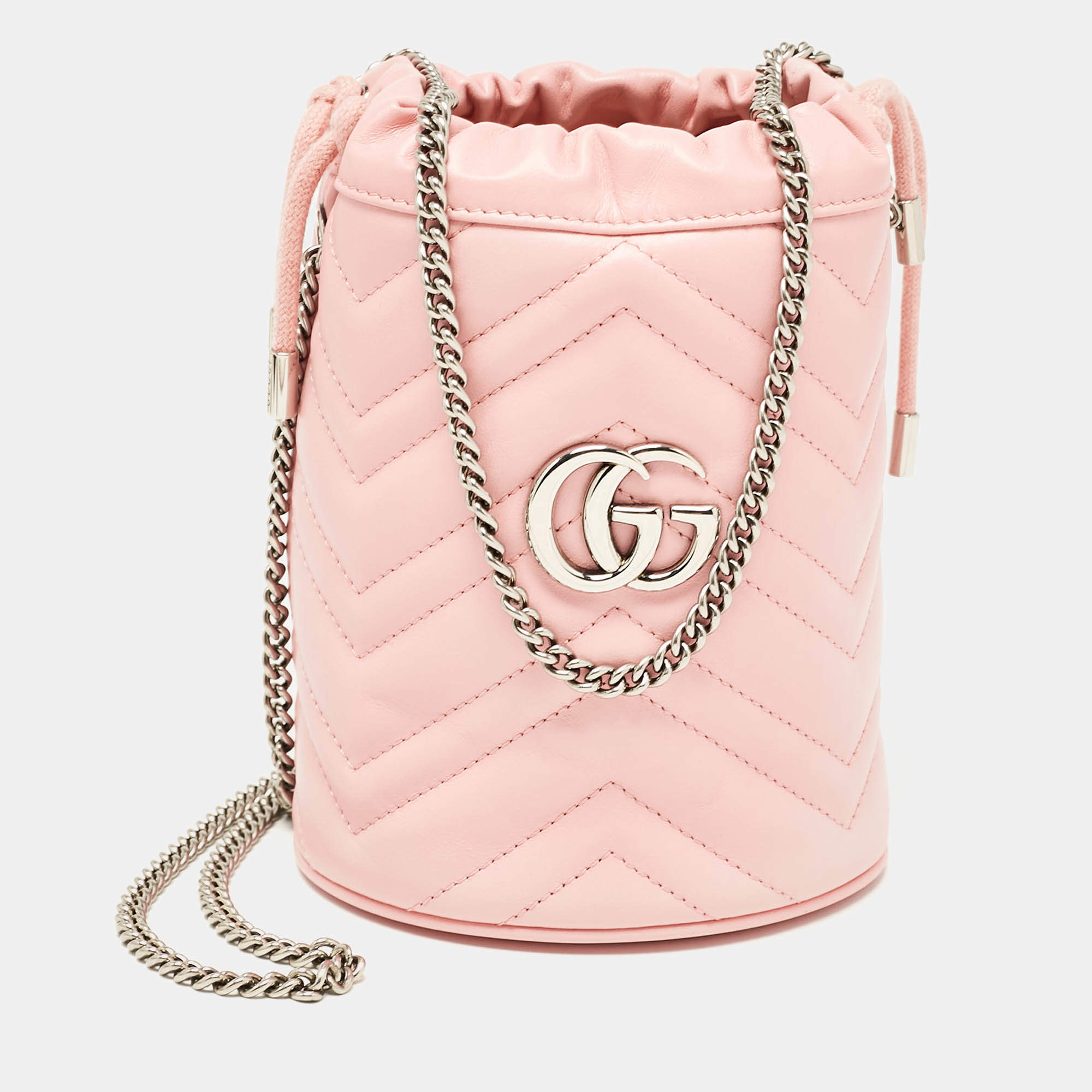 Pre Owned Gucci Pink Matelasse Leather Mini GG Marmont Bucket Bag