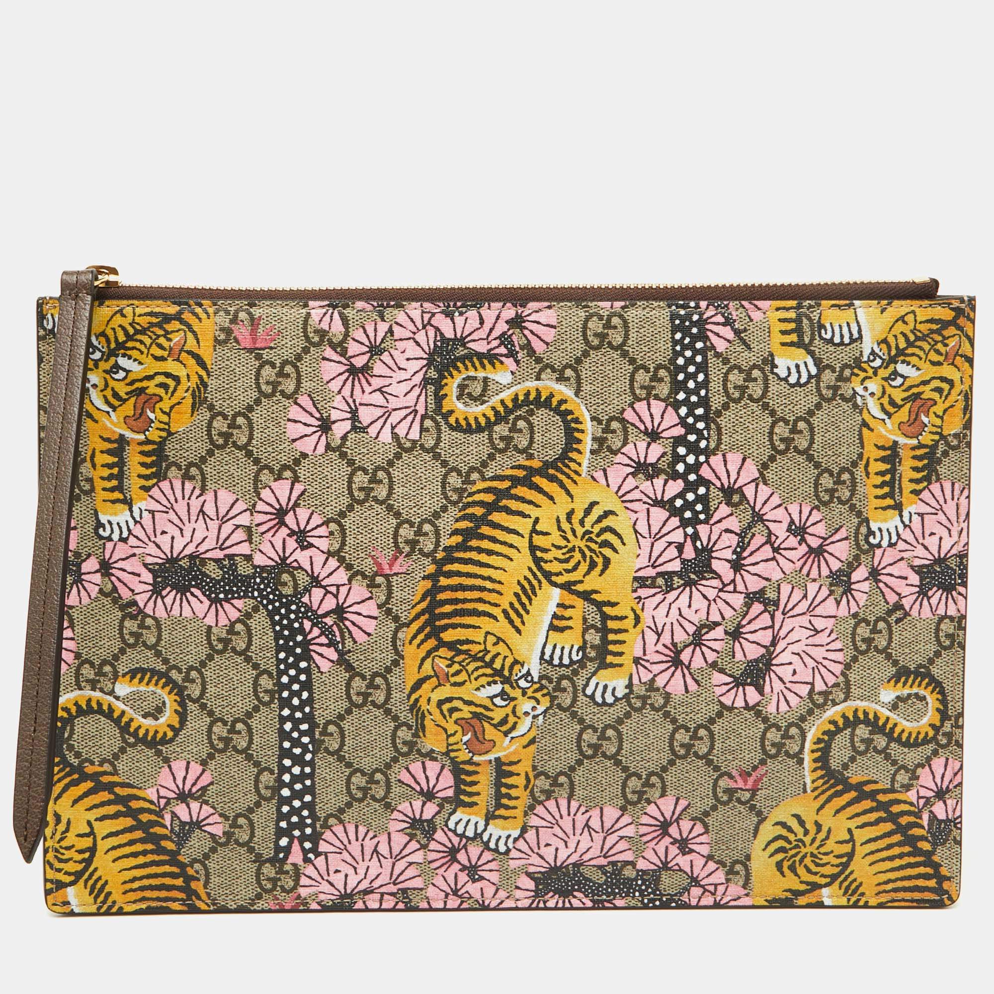 Gucci Beige GG Supreme Coated Canvas and Leather Bengal Tiger Zip Pouch