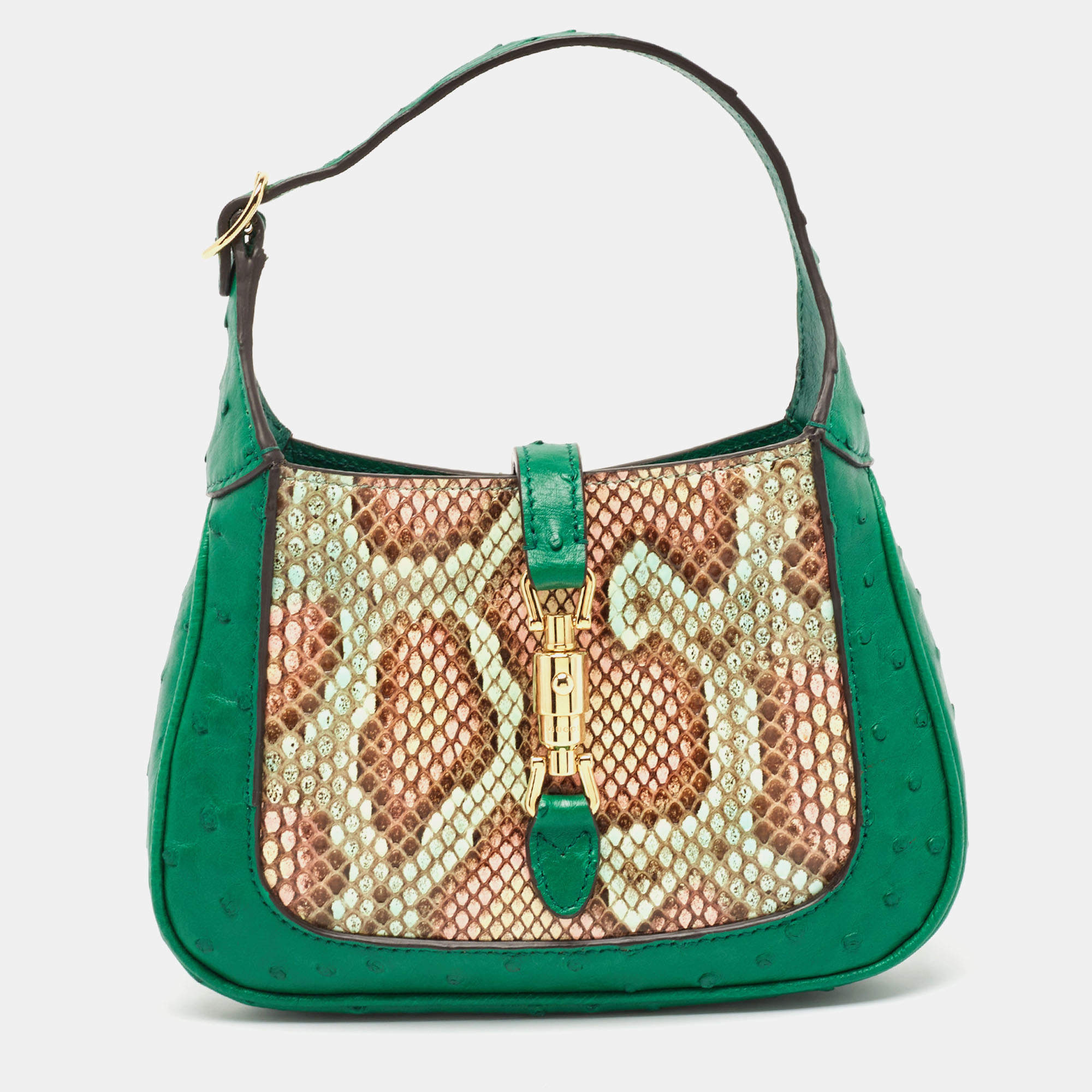 Gucci Green/Multicolor Ostrich and Python Mini Jackie 1961 Hobo