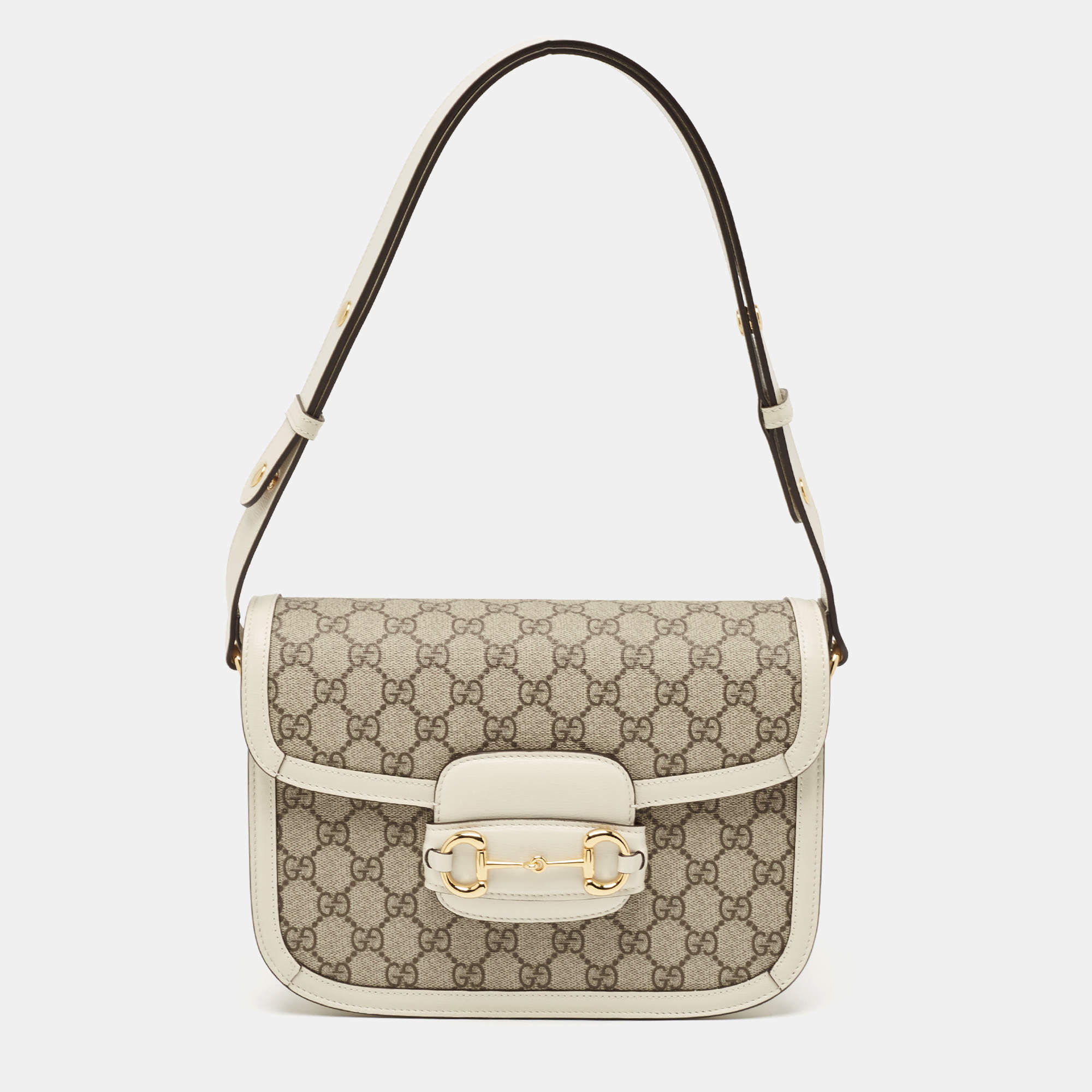 Pre Owned Gucci Beige/Off White GG Supreme Canvas and Leather Small Horsebit 1955 Shoulder Bag