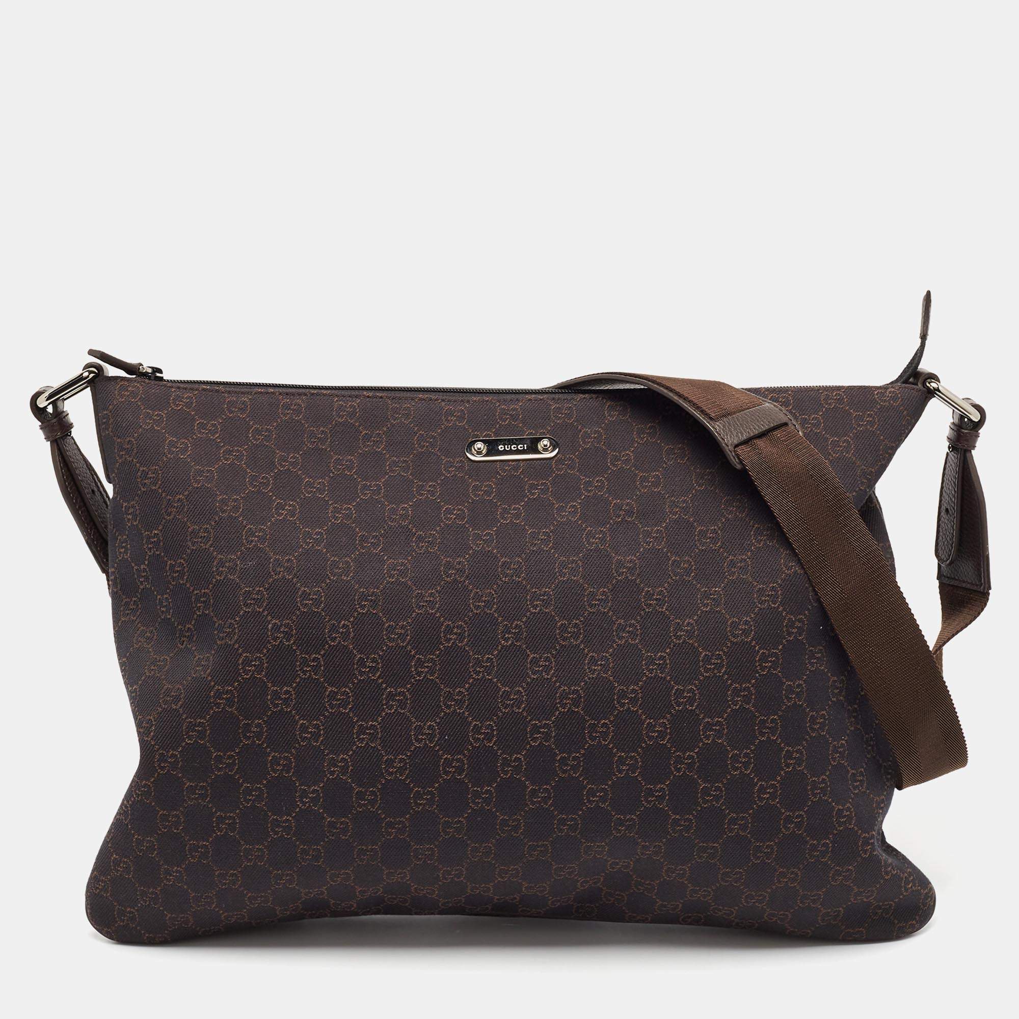 Pre Owned Gucci Dark Brown GG Denim Zip Messenger Bag
