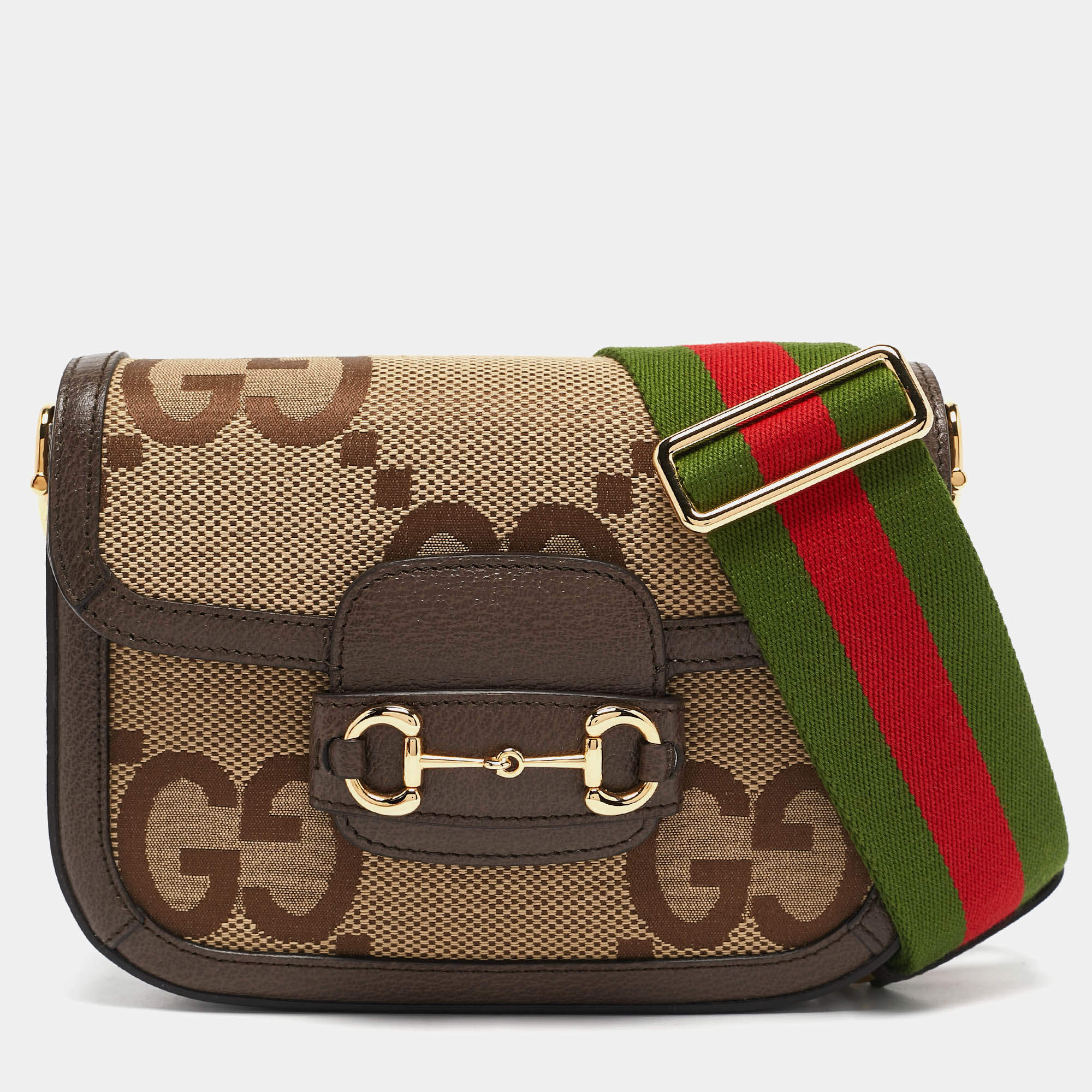 Pre Owned Gucci Brown/Beige Jumbo GG Canvas Mini Horsebit 1955 Shoulder Bag