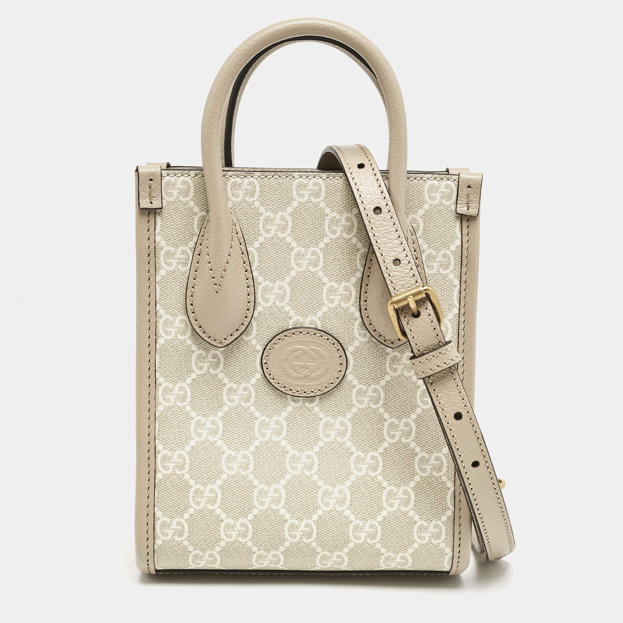 Pre Owned Gucci Beige GG Supreme Canvas and Leather Mini Interlocking G Tote