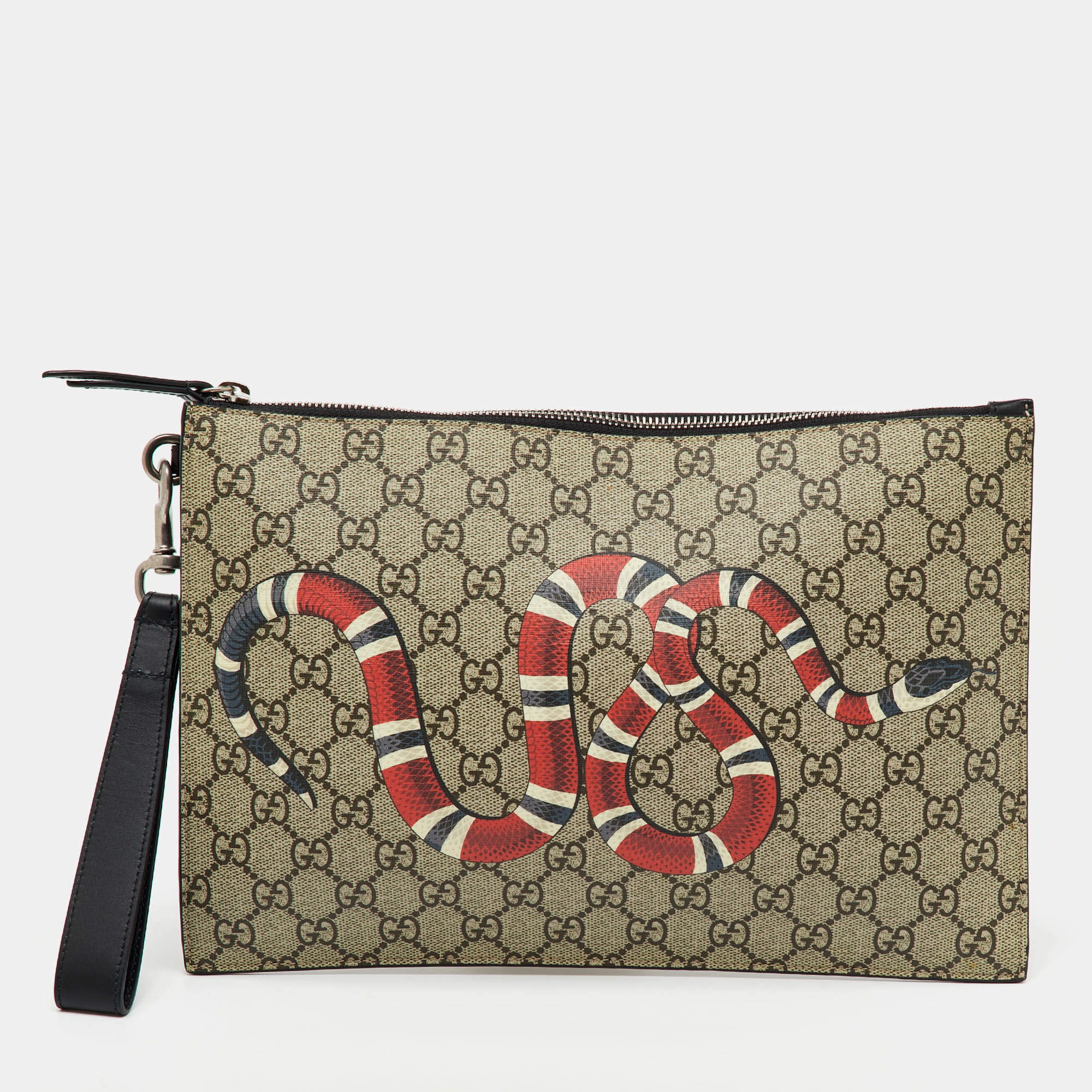 Pre Owned Gucci Beige/Black GG Supreme Canvas Kingsnake Print Pouch Clutch