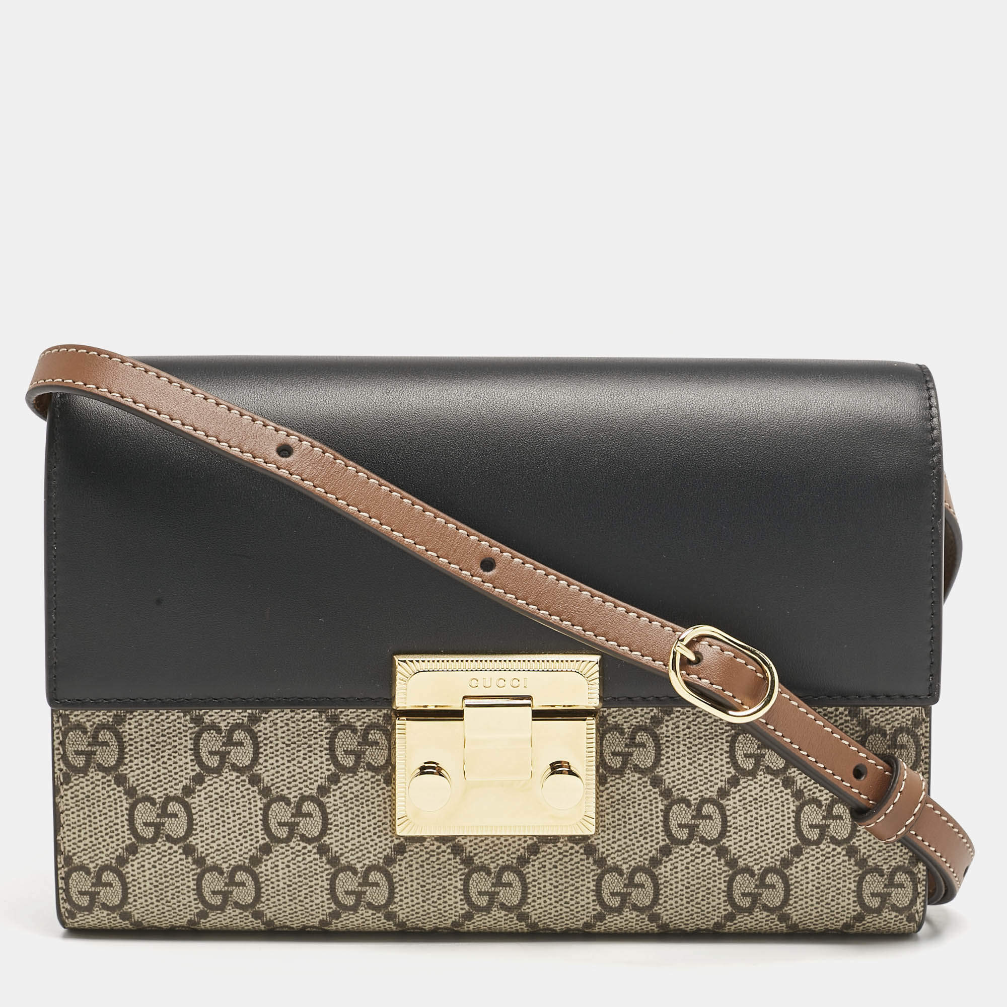 Gucci Tricolor GG Supreme Canvas and Leather Padlock Clutch On Strap