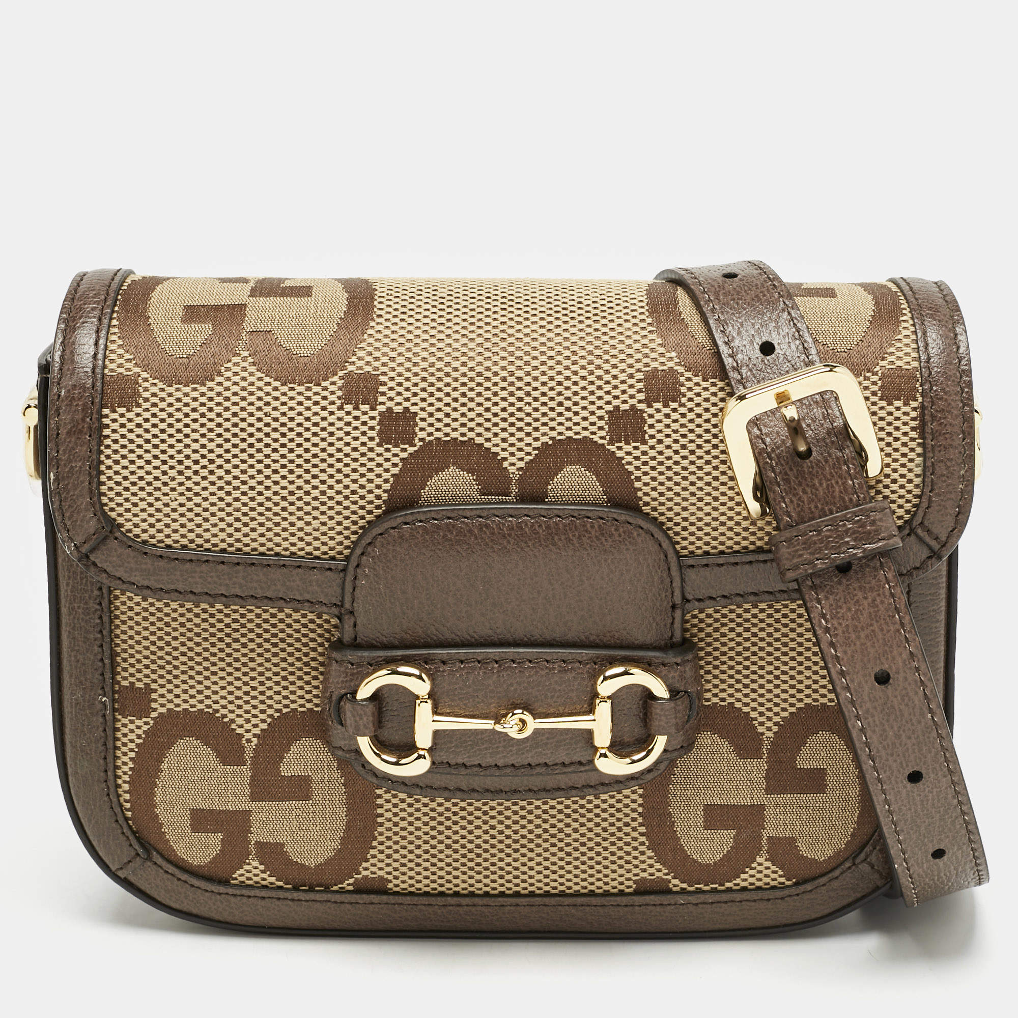 Gucci Brown/Beige Jumbo GG Canvas and Leather Mini Horsebit 1955 Shoulder Bag