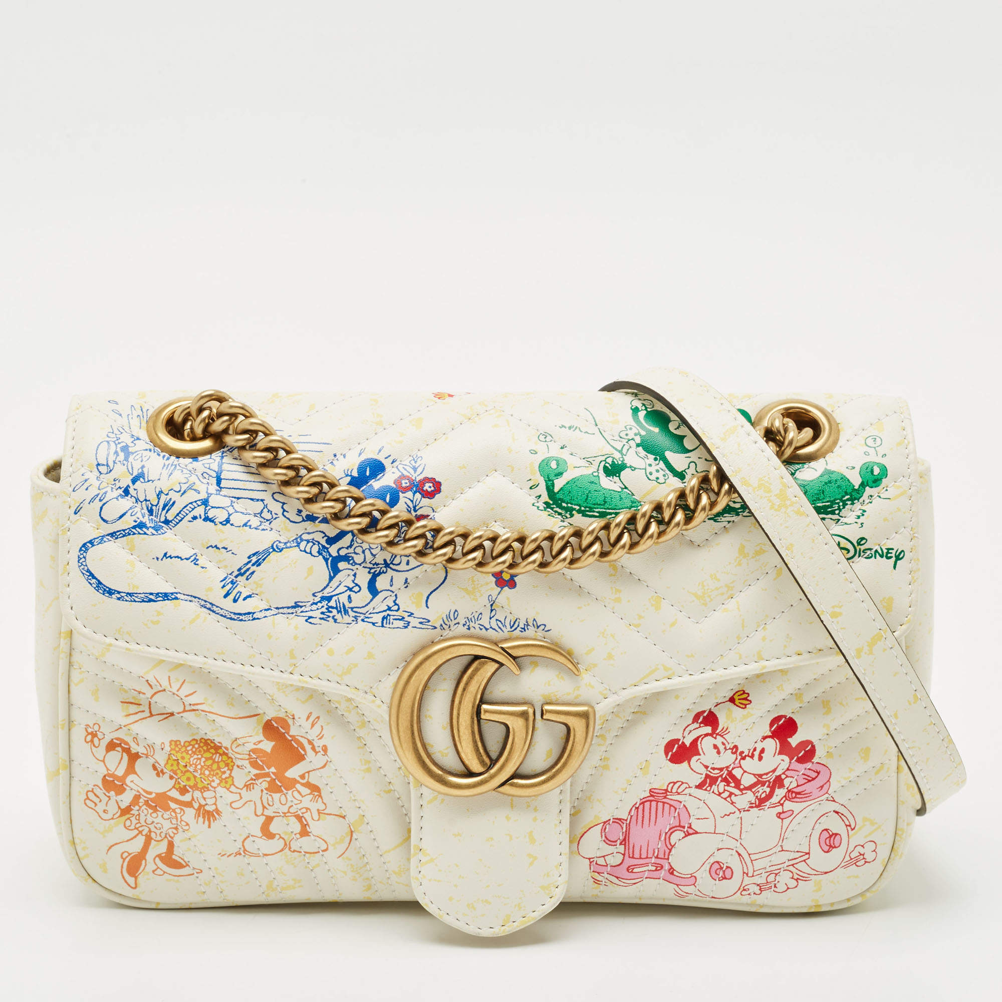 Gucci x Disney Multicolor Matelassé Leather Mickey Minnie Mouse Medium GG Marmont Shoulder Bag
