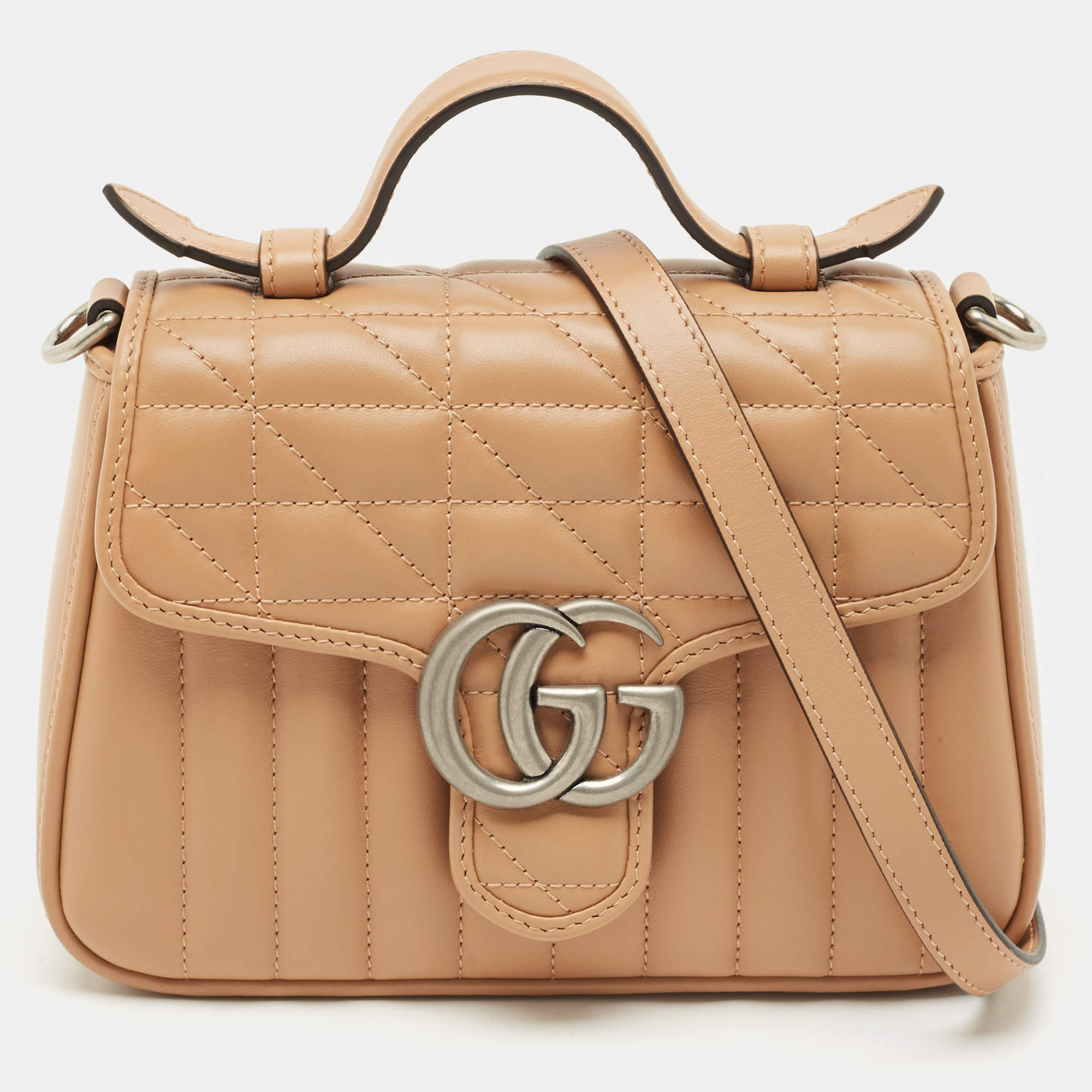 Gucci Beige Matelassé Aria Leather Mini GG Marmont Top Handle Bag