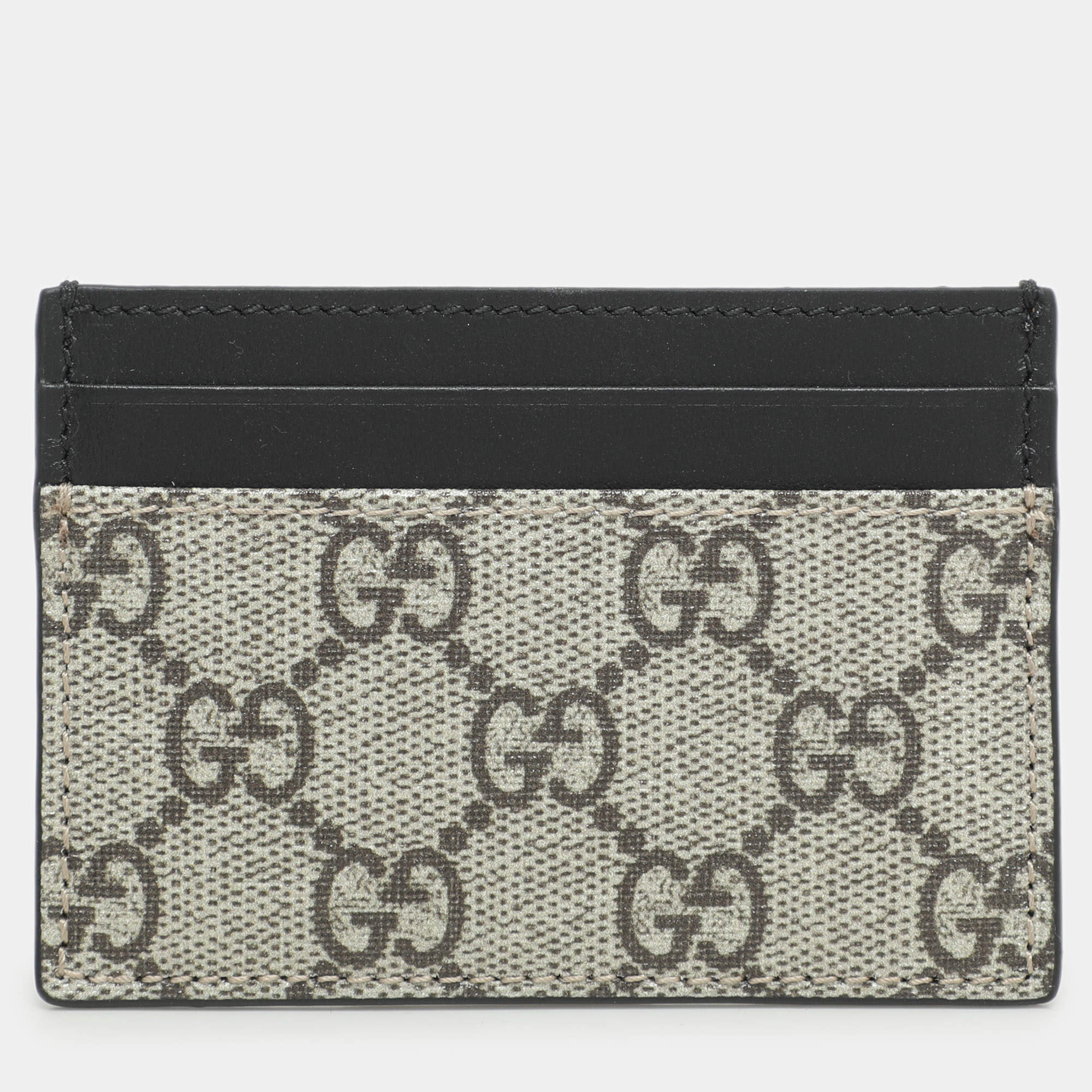 Pre Owned Gucci Black/Beige GG Supreme Canvas and Leather Card Holder