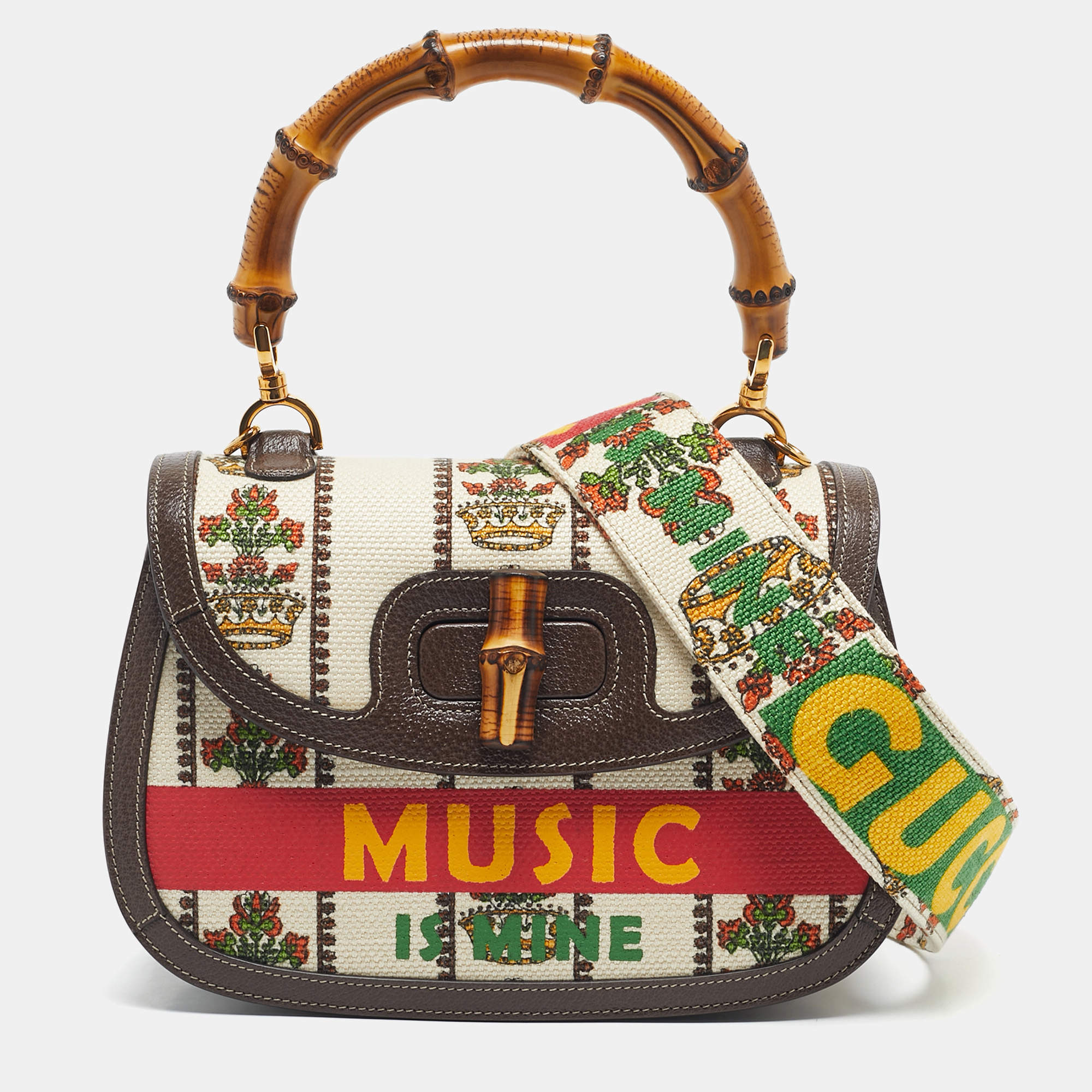 Pre Owned Gucci Brown/Multicolor Canvas Medium 100 Centennial Bamboo Top Handle Bag