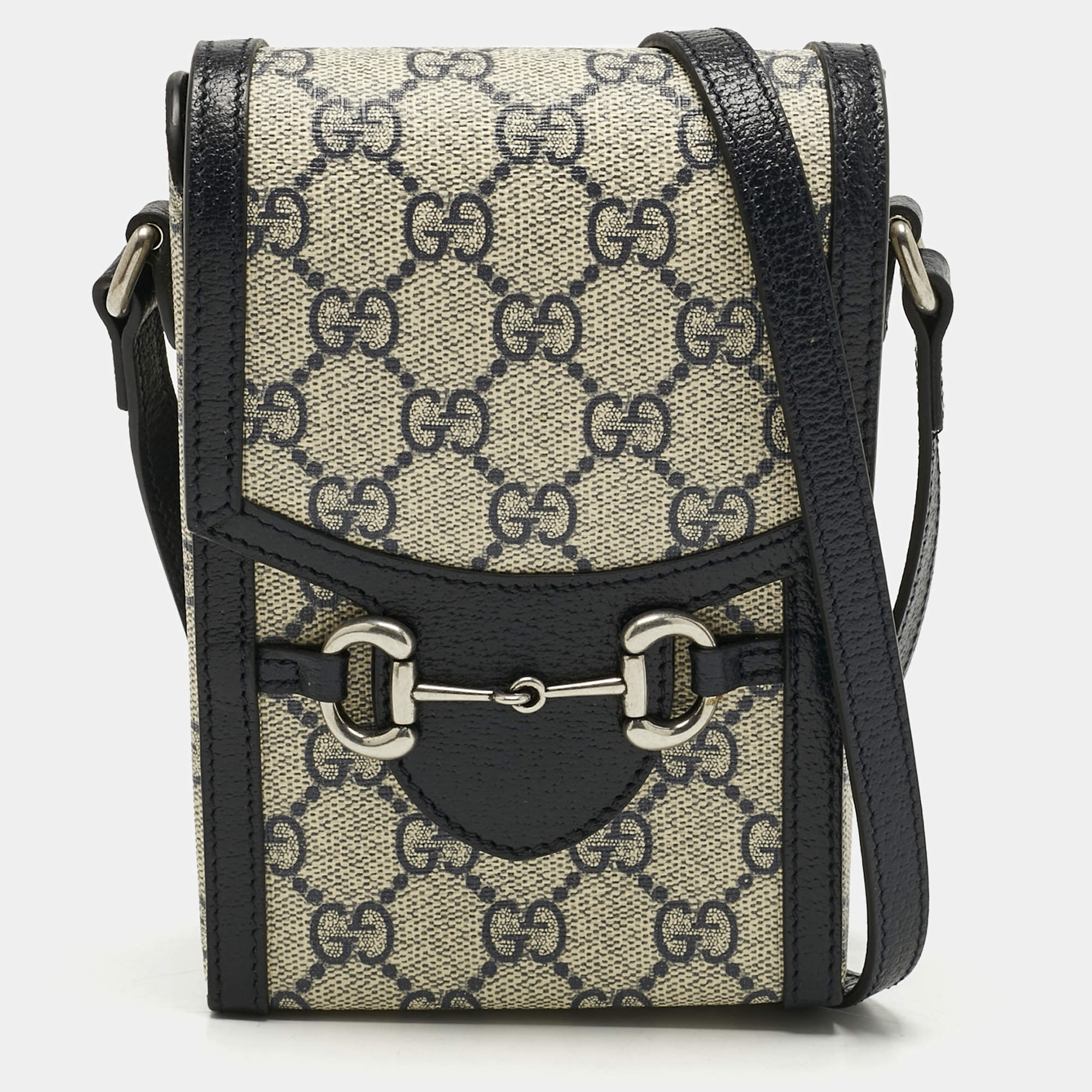 Pre Owned Gucci Beige/Navy Blue GG Supreme Canvas and Leather Mini Horsebit 1955 Bag