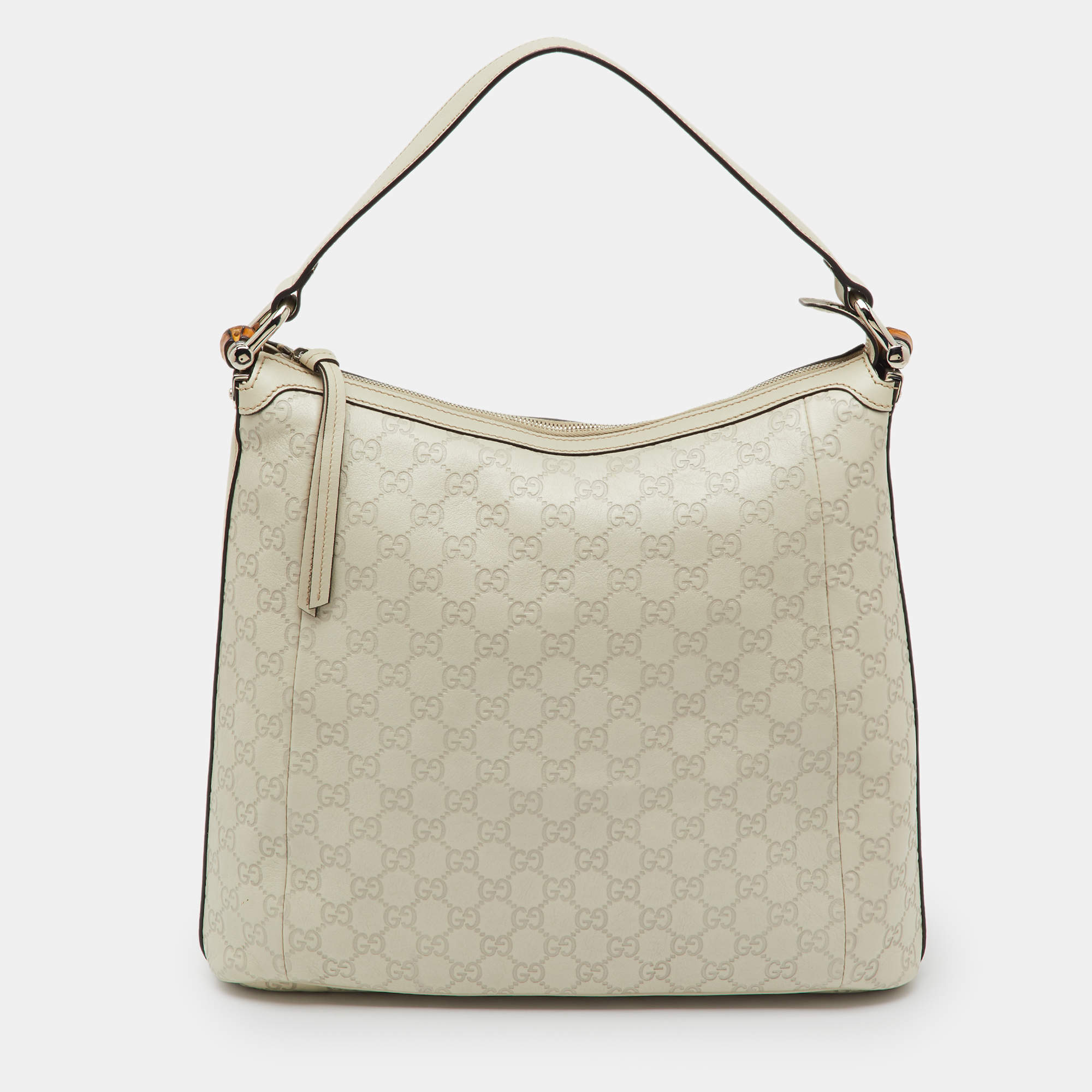 Pre Owned Gucci Off White Guccissima Leather Bamboo D Ring Hobo
