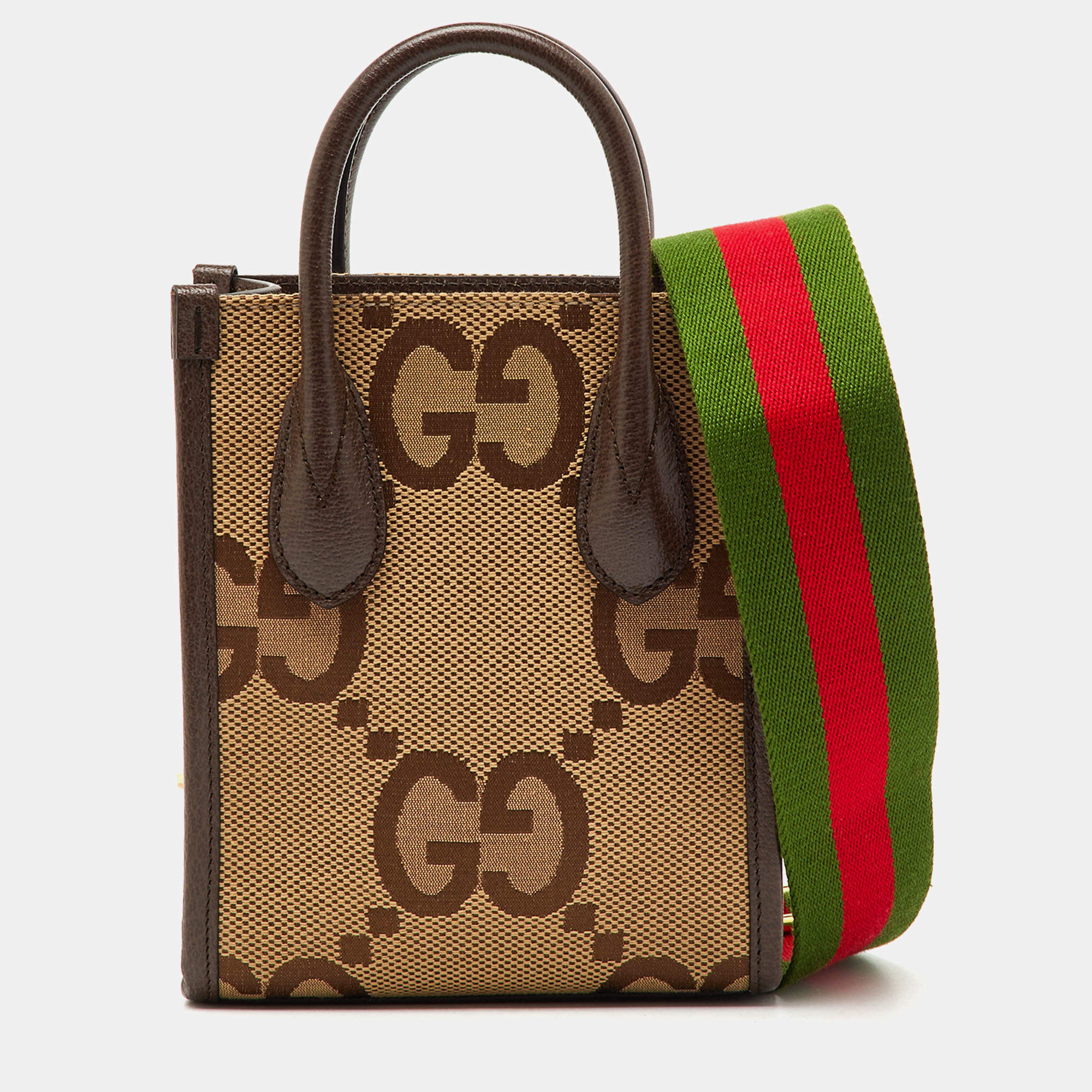 Pre Owned Gucci Beige/Brown Jumbo GG Canvas and Leather Mini Vertical Tote