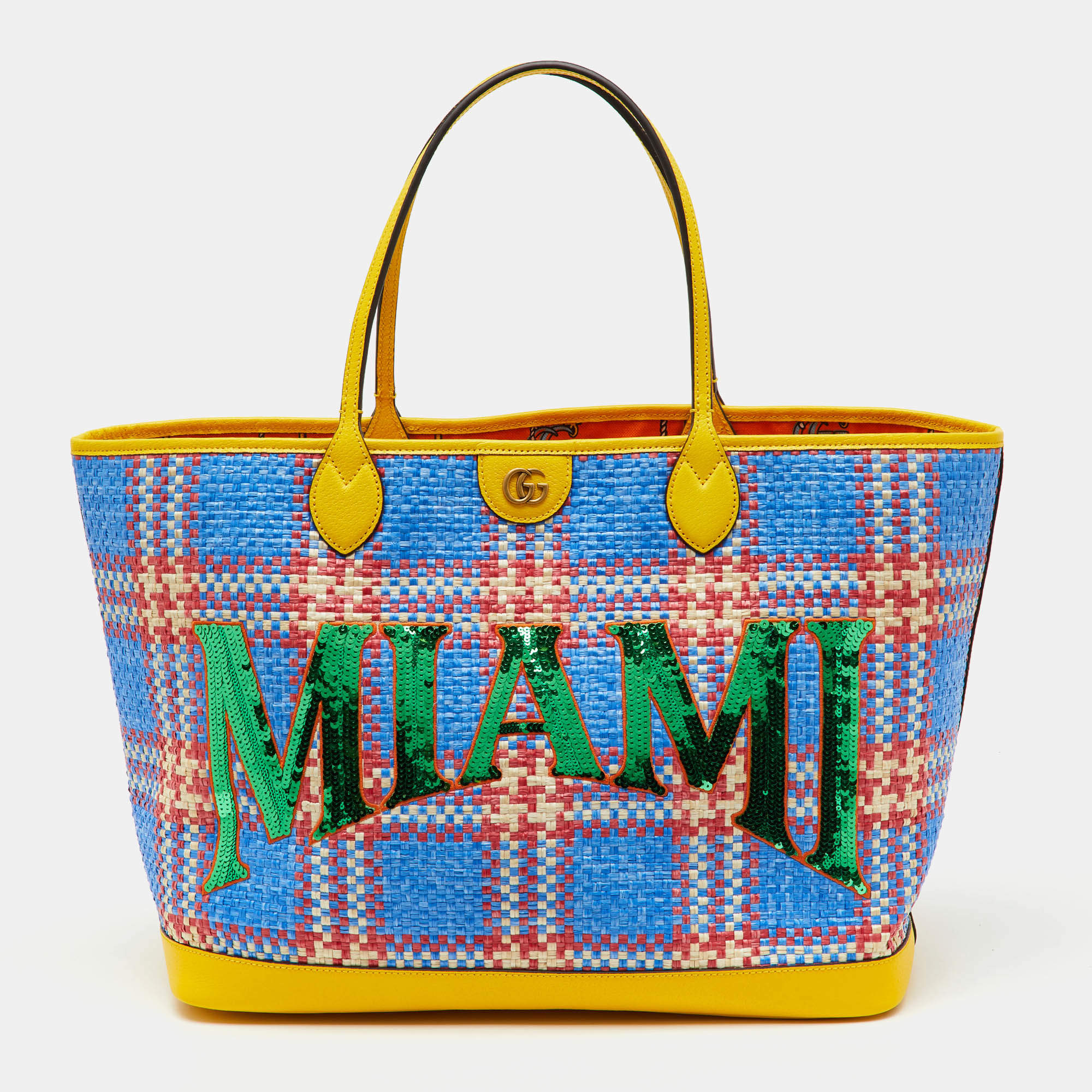 Pre Owned Gucci Multicolor Raffia and Leather Miami Sequins Large Ophidia Tote