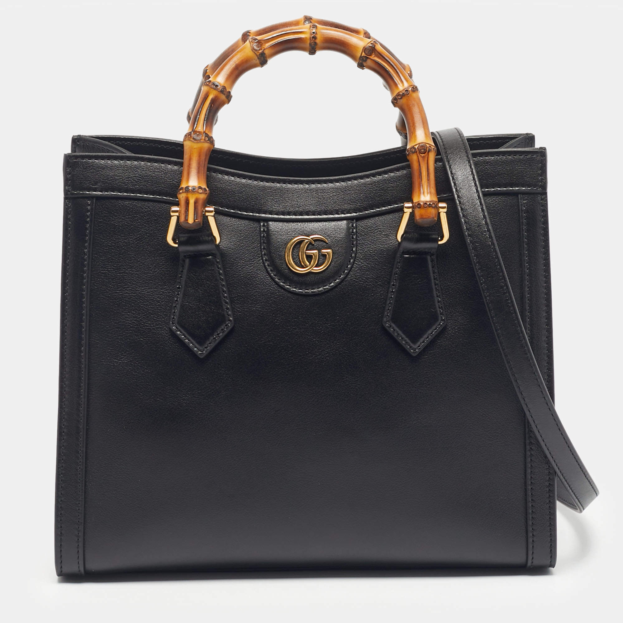 Pre Owned Gucci Black Leather Small Bamboo Diana Tote