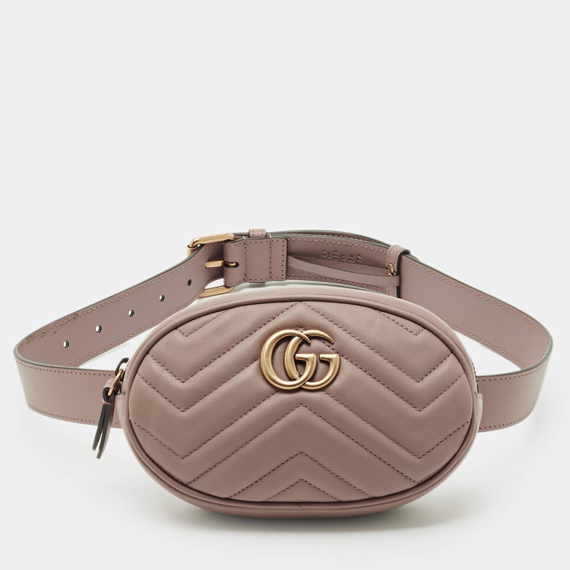 Pre Owned Gucci Dusty Pink Matelassé Leather GG Marmont Belt Bag