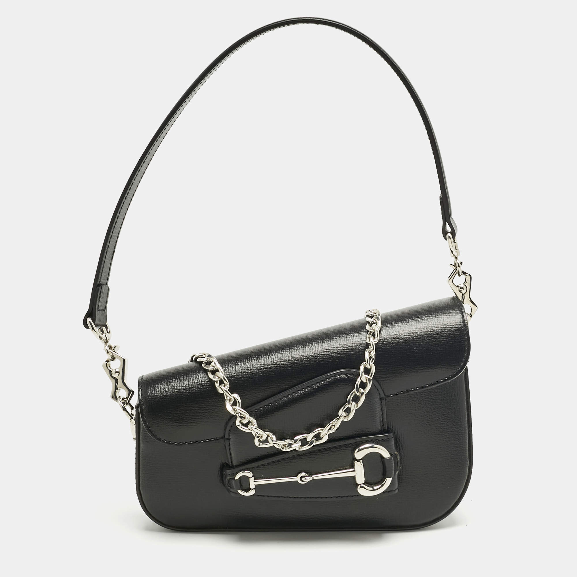 Pre Owned Gucci Black Leather Mini Horsebit 1955 Asymmetric Shoulder Bag
