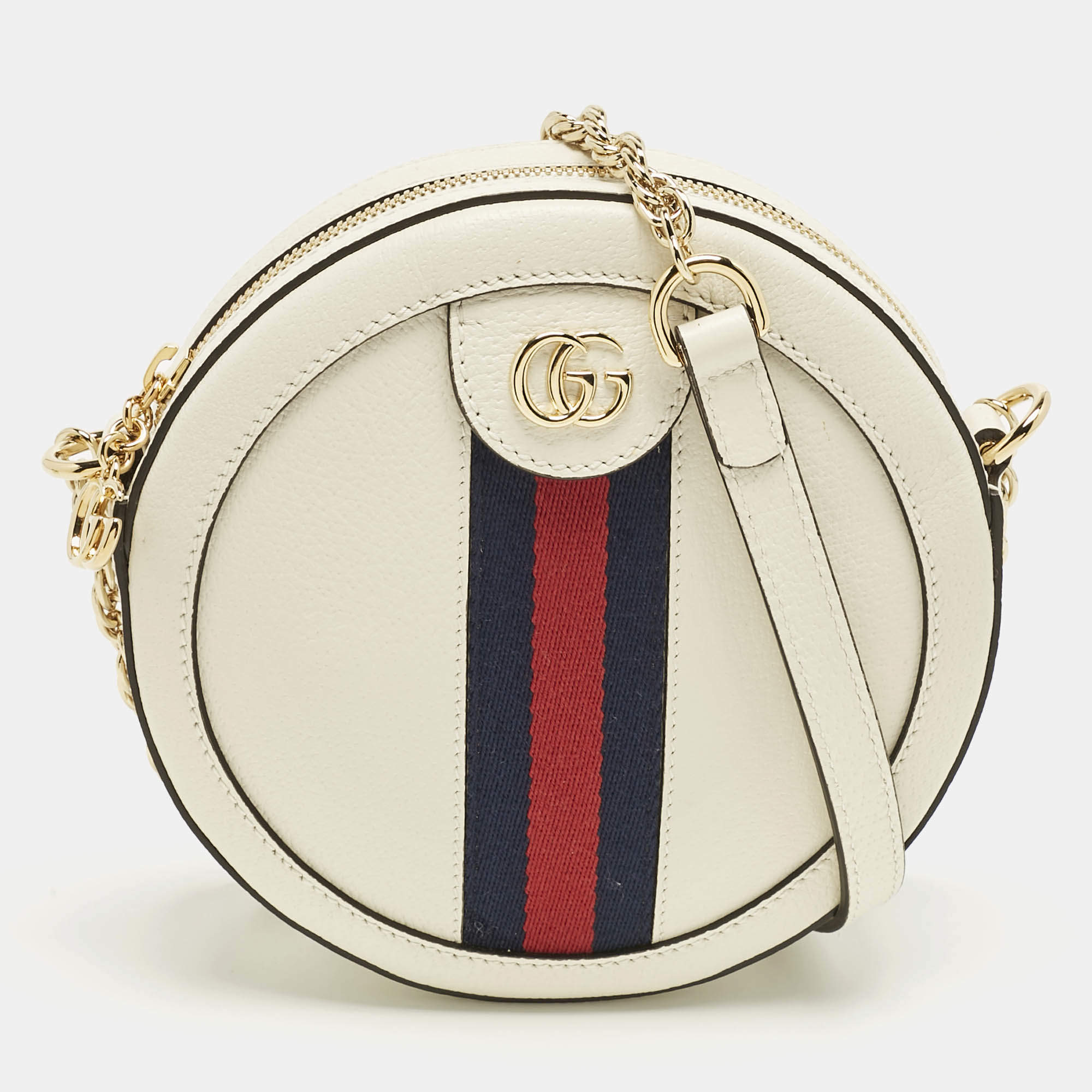 Pre Owned Gucci Off White Leather Mini Ophidia Round Shoulder Bag