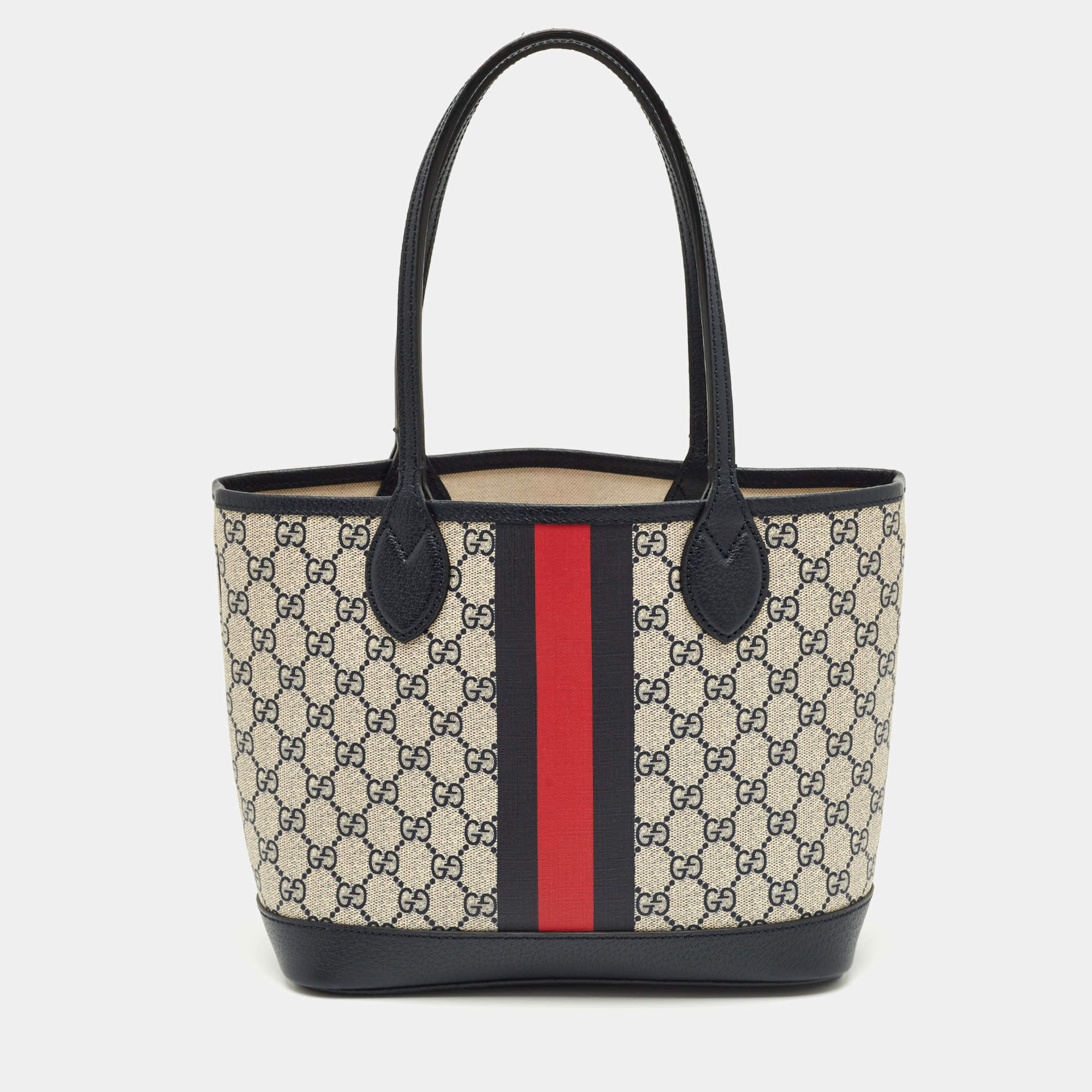 Pre Owned Gucci Beige/Navy Blue GG Supreme Canvas and Leather Small Ophidia Tote