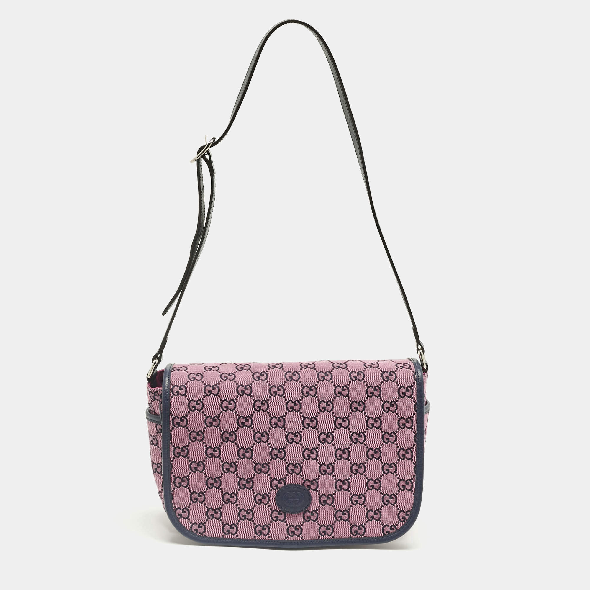 Pre Owned Gucci Pink/Navy Blue GG Canvas and Leather Messenger Bag
