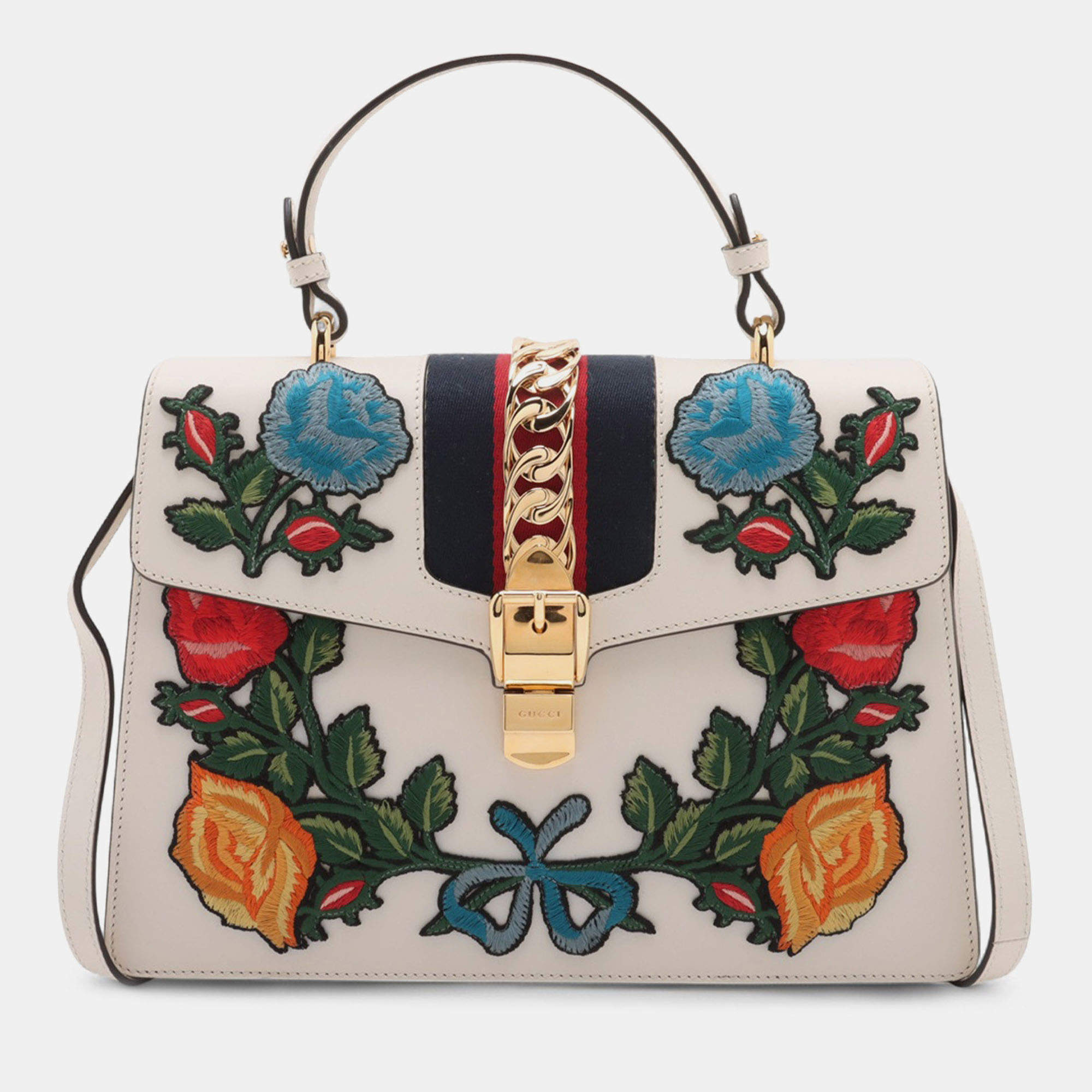 Pre Owned حقيبة غوتشي متوسطة مقبض علوي سيلفي جلد أبيض مطرزة زهور