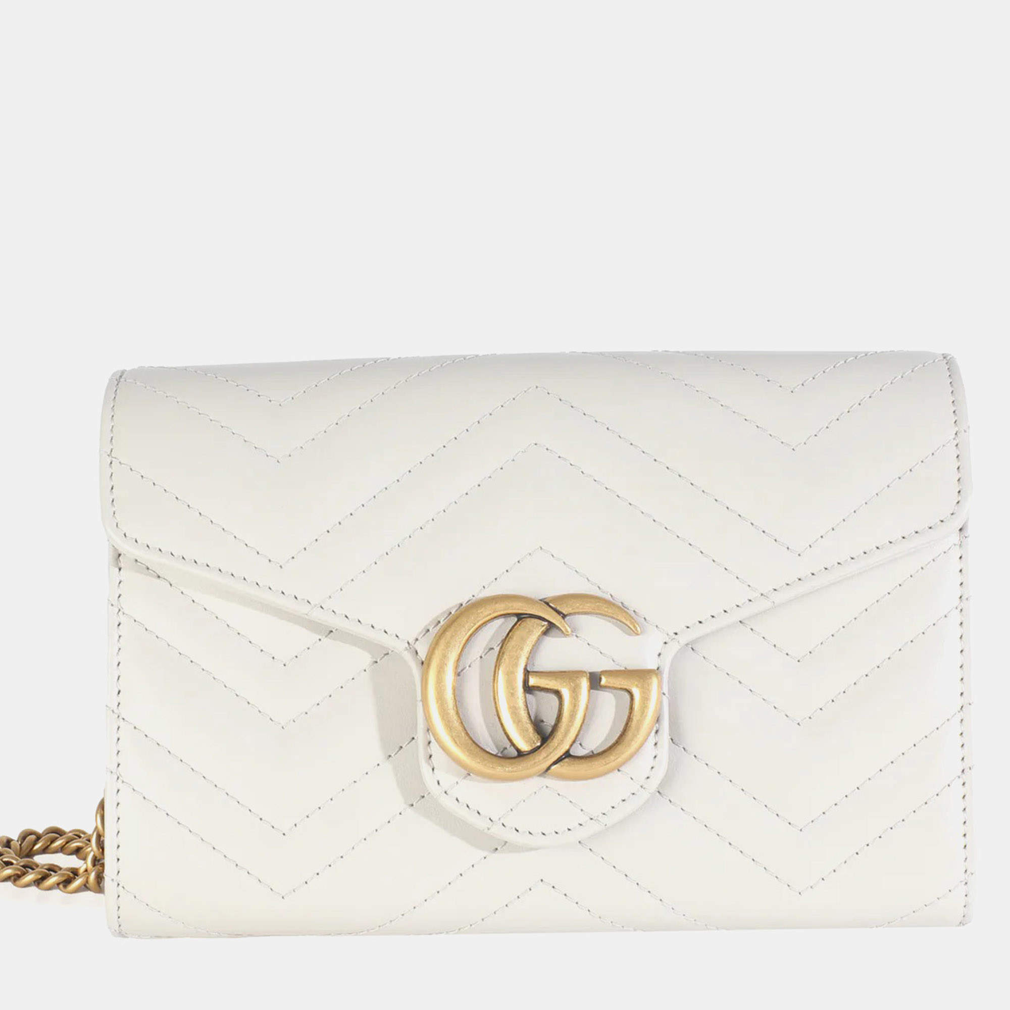Pre Owned Gucci Grey Calfskin Matelasse GG Marmont Chain Wallet