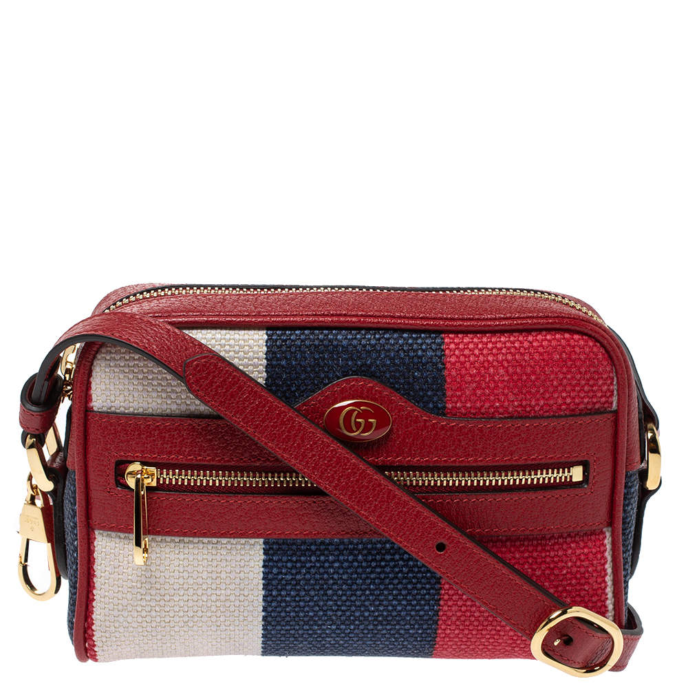 Pre Owned Gucci Multicolor Stripe Canvas and Leather Mini Sylvie Ophidia Crossbody Bag   