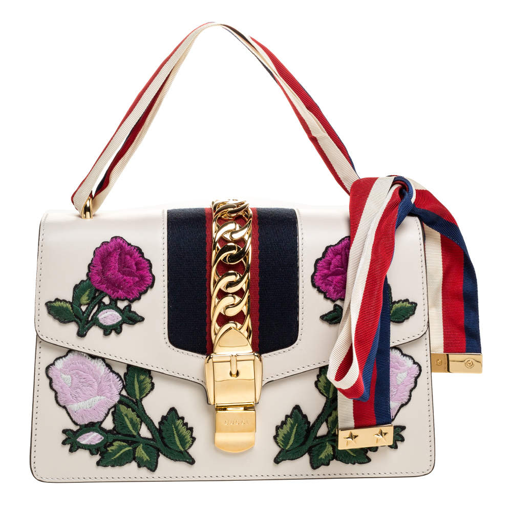 مملوكة مسبقًا Gucci Ivory Floral Embroidered Leather Small Web Chain Sylvie Shoulder Bag