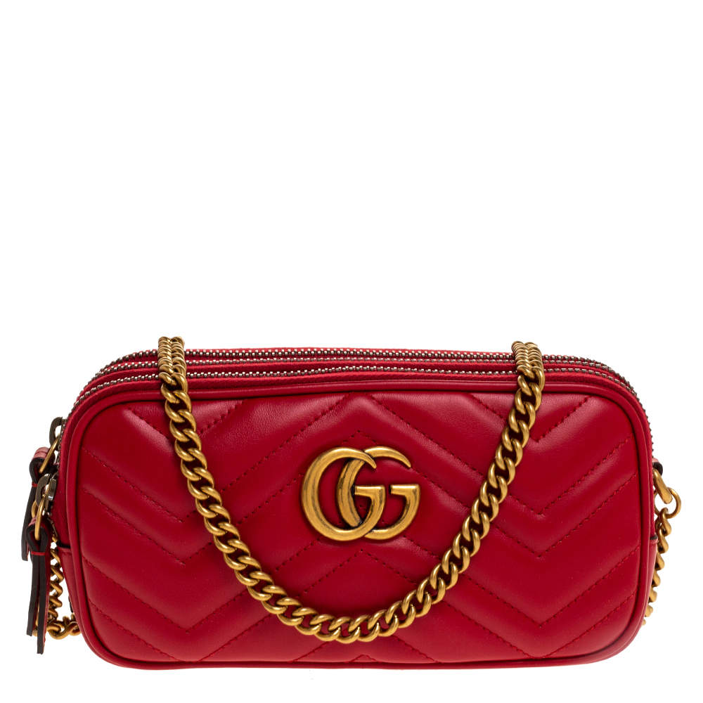 Pre Owned Gucci Red Leather Mini GG Marmont Chain Shoulder Bag