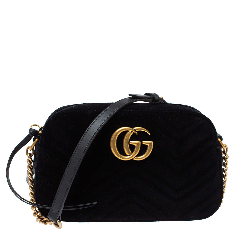 Pre Owned Gucci Black Matelasse Velvet Small GG Marmont Shoulder Bag