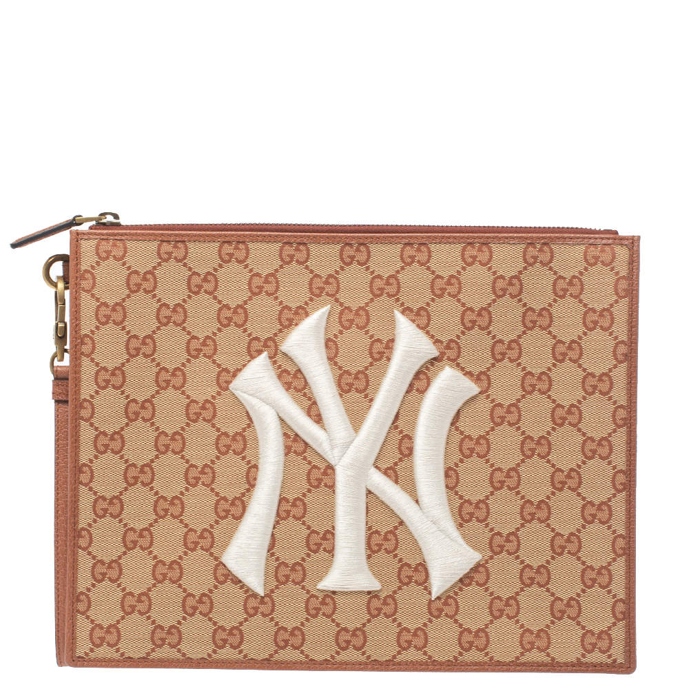 Gucci Beige/Brown GG Canvas and Leather New York Yankees Patch Pouch