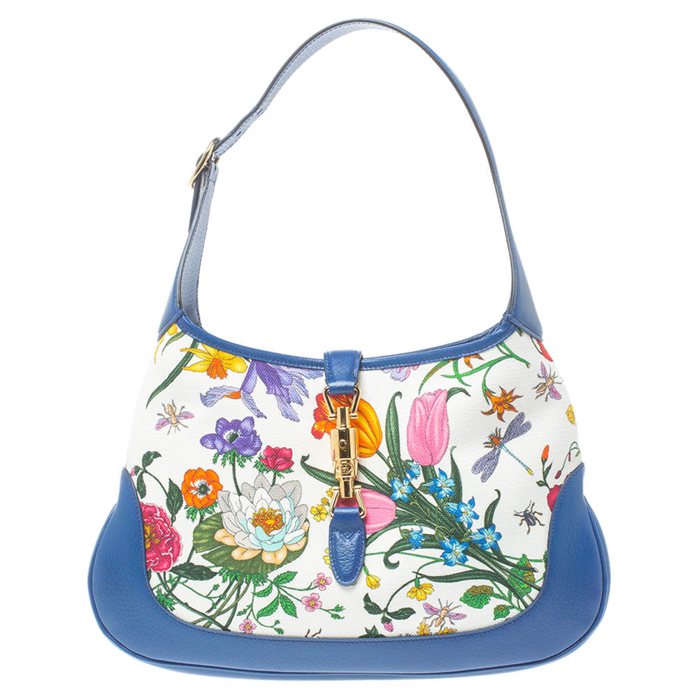 مملوكة مسبقًا Gucci Blue Floral Print Canvas and Leather Jackie Hobo
