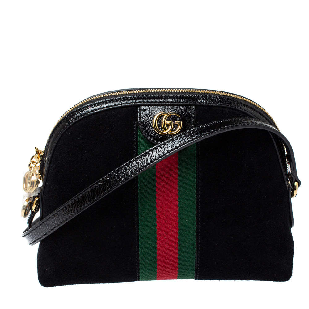 Pre Owned Gucci Black Suede and Patent Leather Ophidia Crossbody Bag