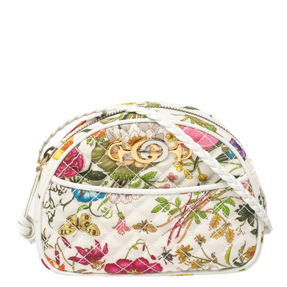 Gucci White Flora Quilted Canvas Trapuntata Crossbody Bag