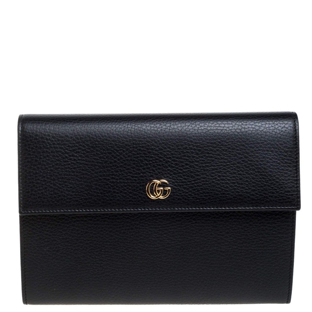 Pre Owned Gucci Black Leather Double GG Flap Clutch