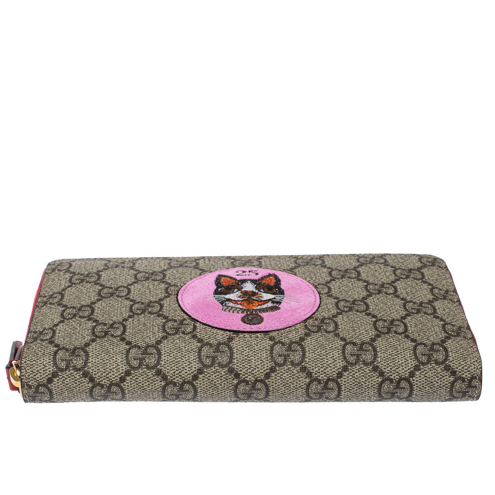 GUCCI GG Supreme Monogram Mystic Cat Patch Zip Around Card Case Wallet  Beige Hibiscus Red 432087