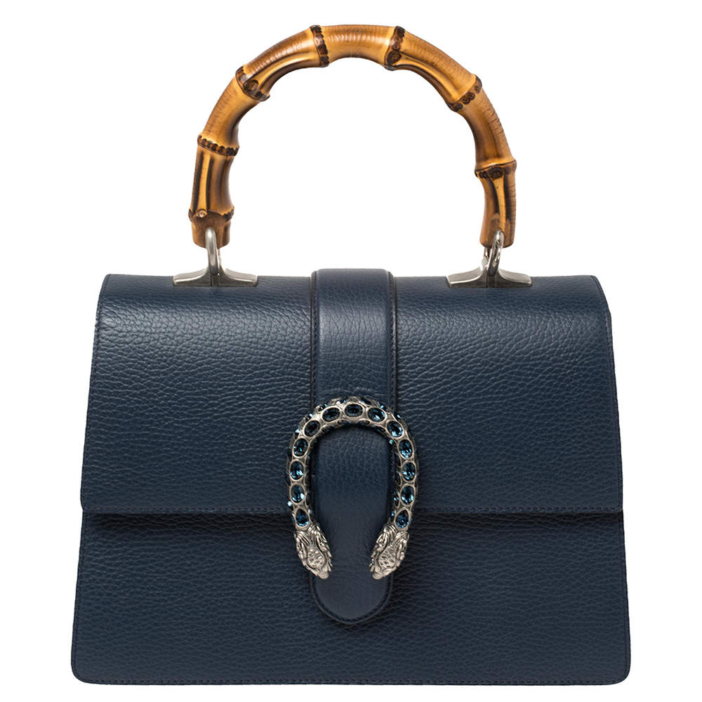 Pre Owned Gucci Navy Blue Leather Medium Dionysus Bamboo Top Handle Bag