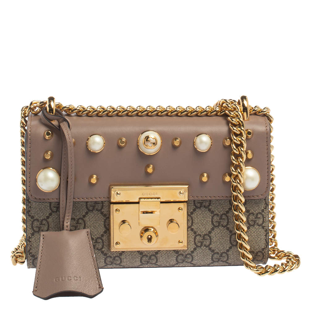 Pre Owned حقيبة كتف غوتشي مرصع قفل جلد و كانفاس مقوى جي جي سوبريم وردي 