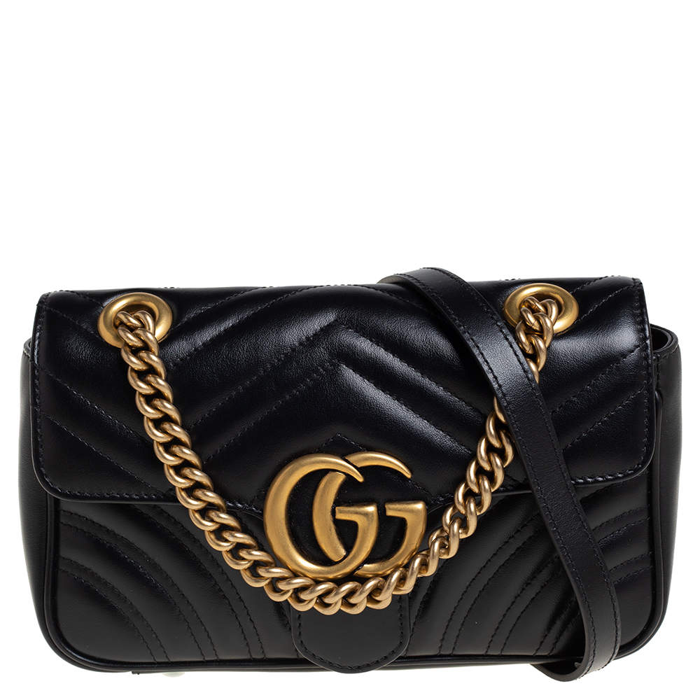 Pre Owned Gucci Black Matelasse Leather Mini GG Marmont Shoulder Bag