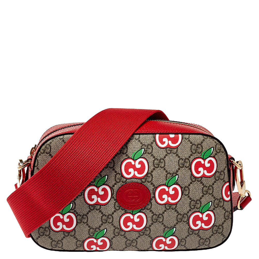 Gucci Red Leather and GG Supreme Apple Motif Camera Bag
