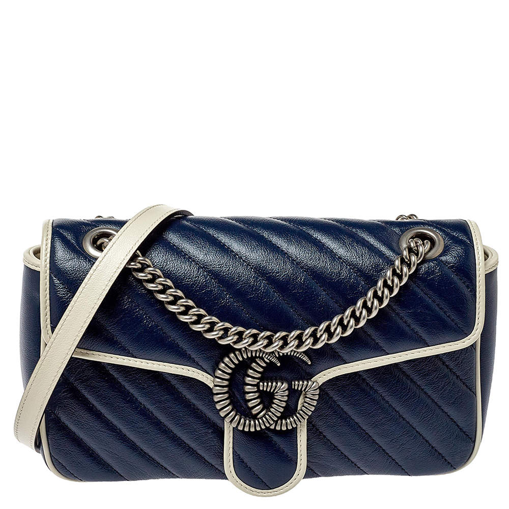 Gucci Blue/White Matelasse Leather Small GG Marmont Torchon Shoulder ...