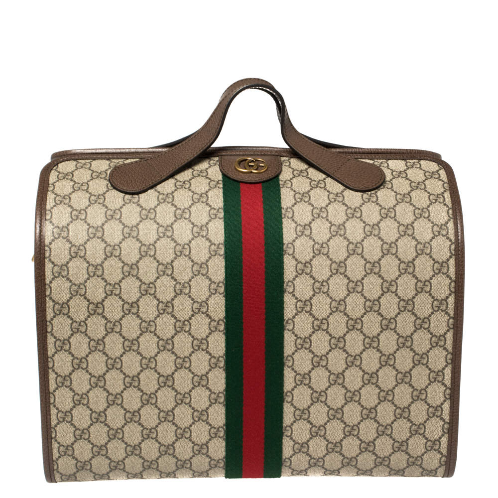 Pre Owned Gucci Beige/Brown GG Supreme Canvas and Leather Ophidia Duffel Bag