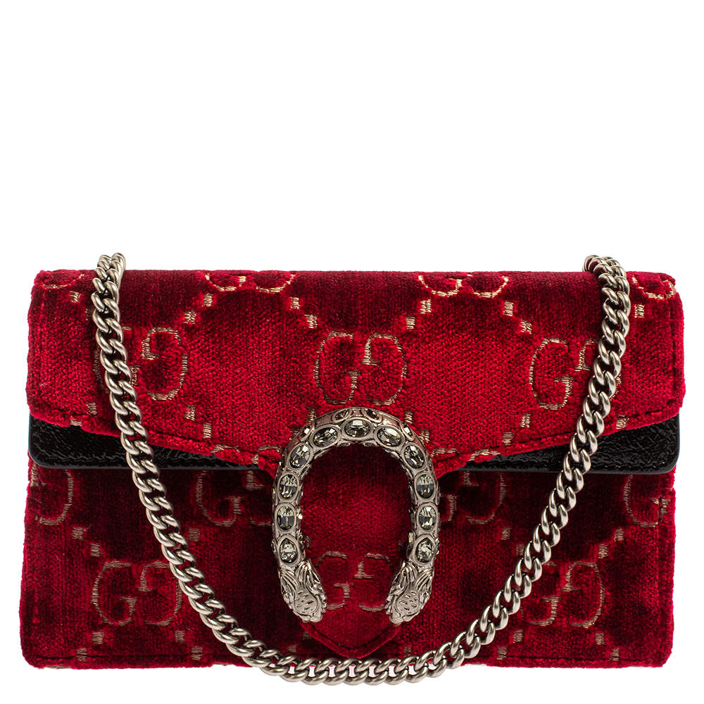 Gucci Red/Black GG Velvet and Patent Leather Super Mini Dionysus Crossbody Bag
