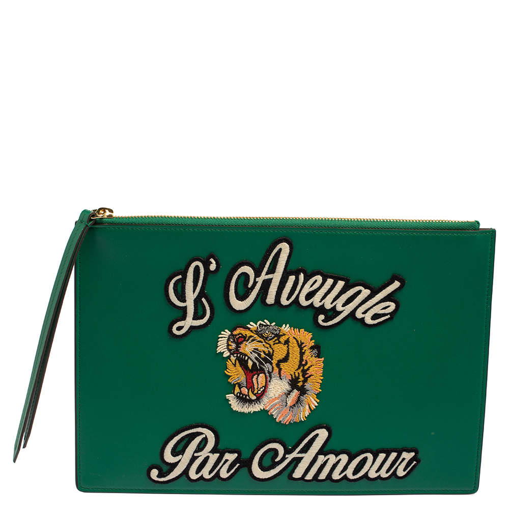 Pre Owned Gucci Green Leather L'Aveugle Par Amour Pouch